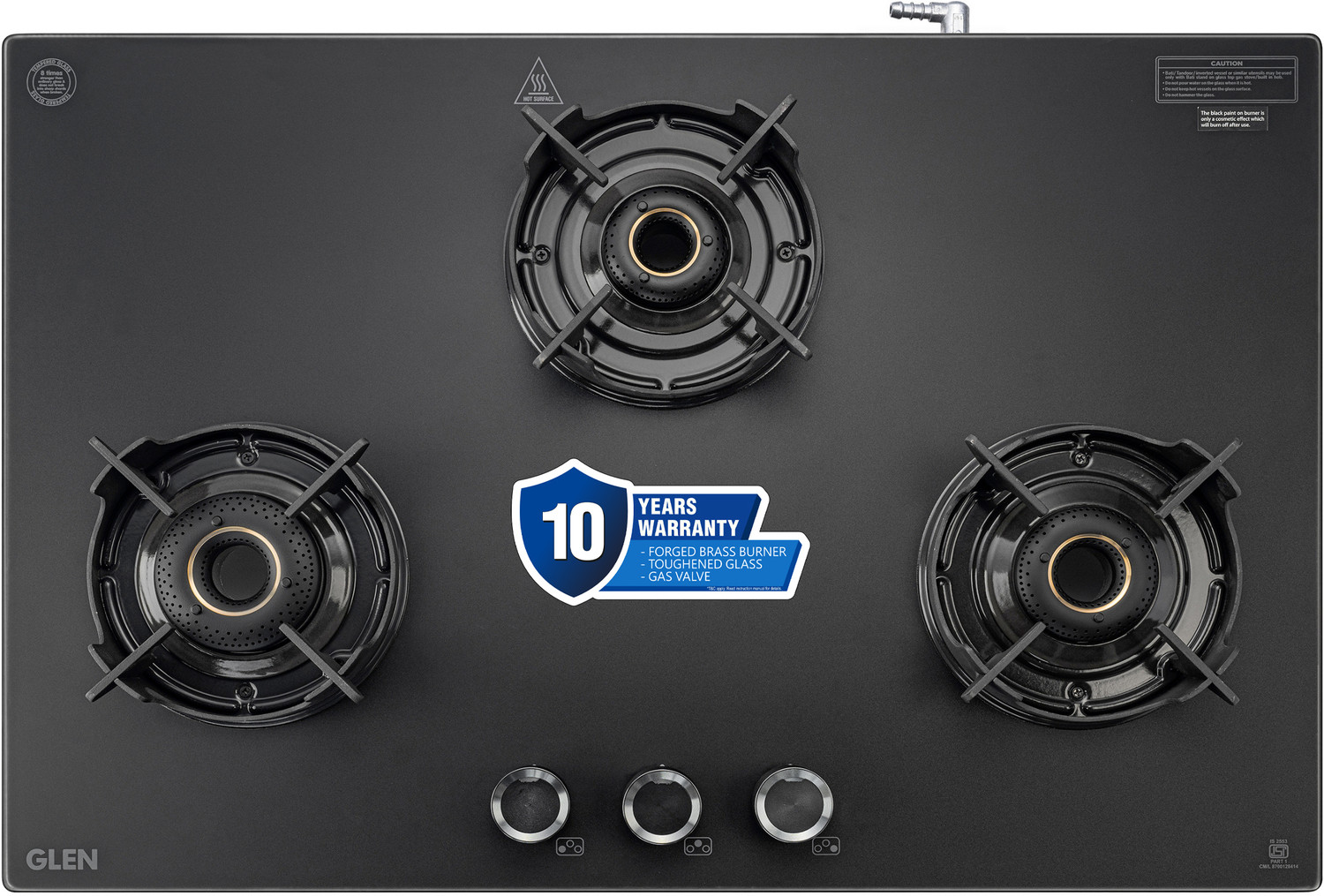 Image of Glen Premium LPG Gas Stove 3 Burner | Matt Glass & Frame | Forged Brass Burners | Glass Manual Gas Stove