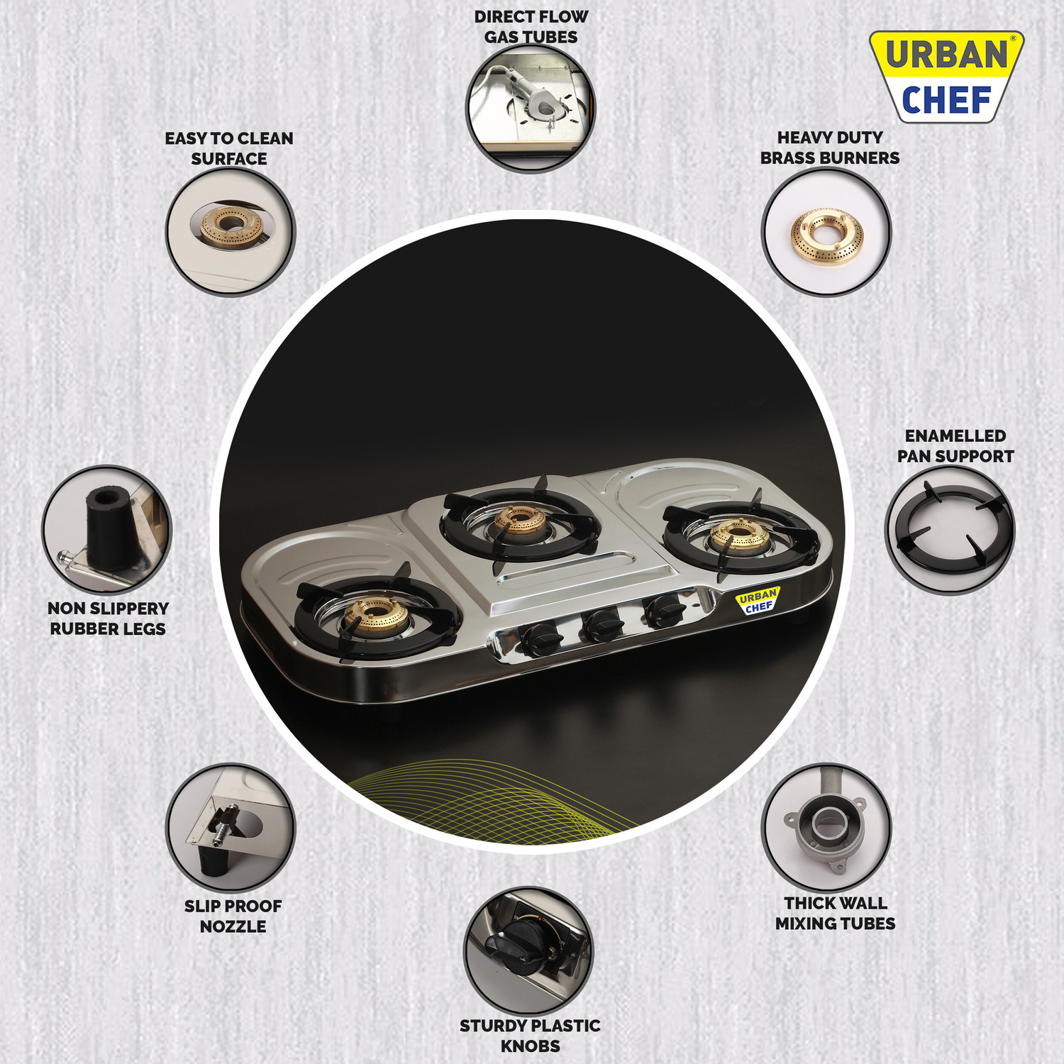 Image of Urban Chef ISI certified Trios Oval Stainless Steel Manual Gas Stove