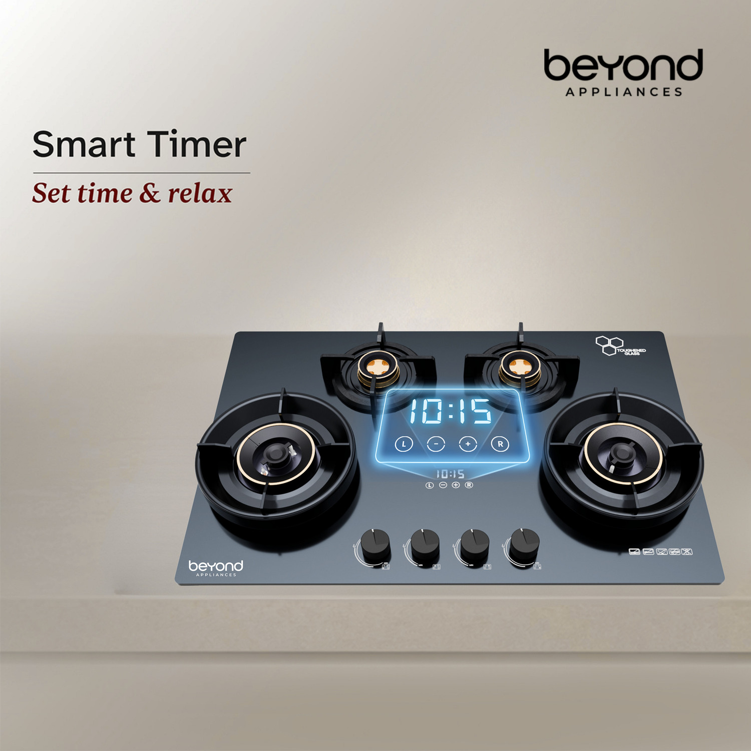Image of Beyond Appliances ZYRA 4 Brass Smart Hob, Digital Timer, FFD & Auto Ignition Burners Glass Automatic Hob