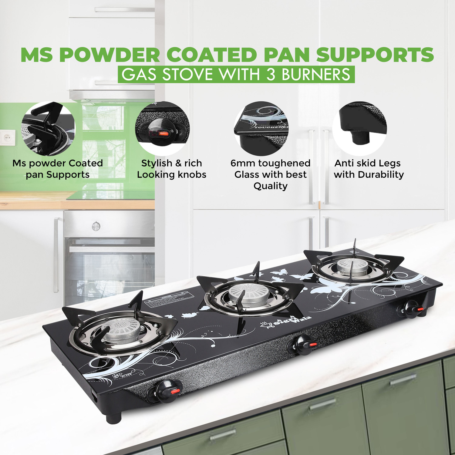Image of Sigri-wala Cute BLKD 3B Combo with Trolley(2 piece) Glass Manual Gas Stove (3 Burners)