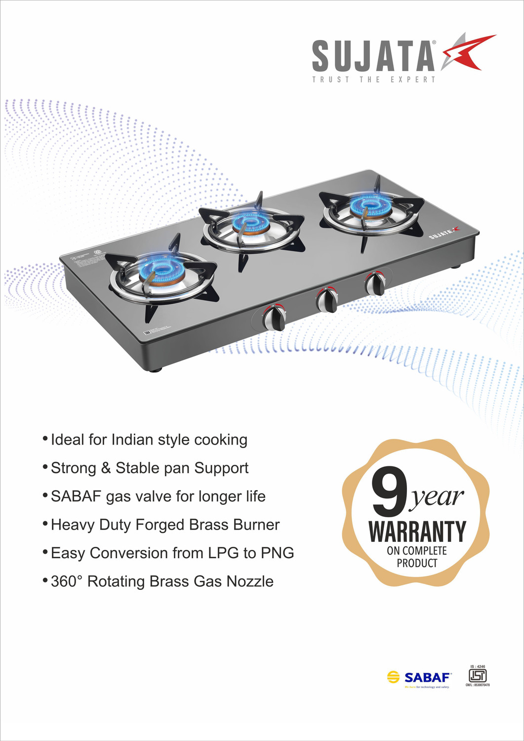 Image of SUJATA Gas Stove 3 Burner |Gas Chulha for Kitchen | ISI Certified |LPG & PNG Compatible Glass Manual Gas Stove