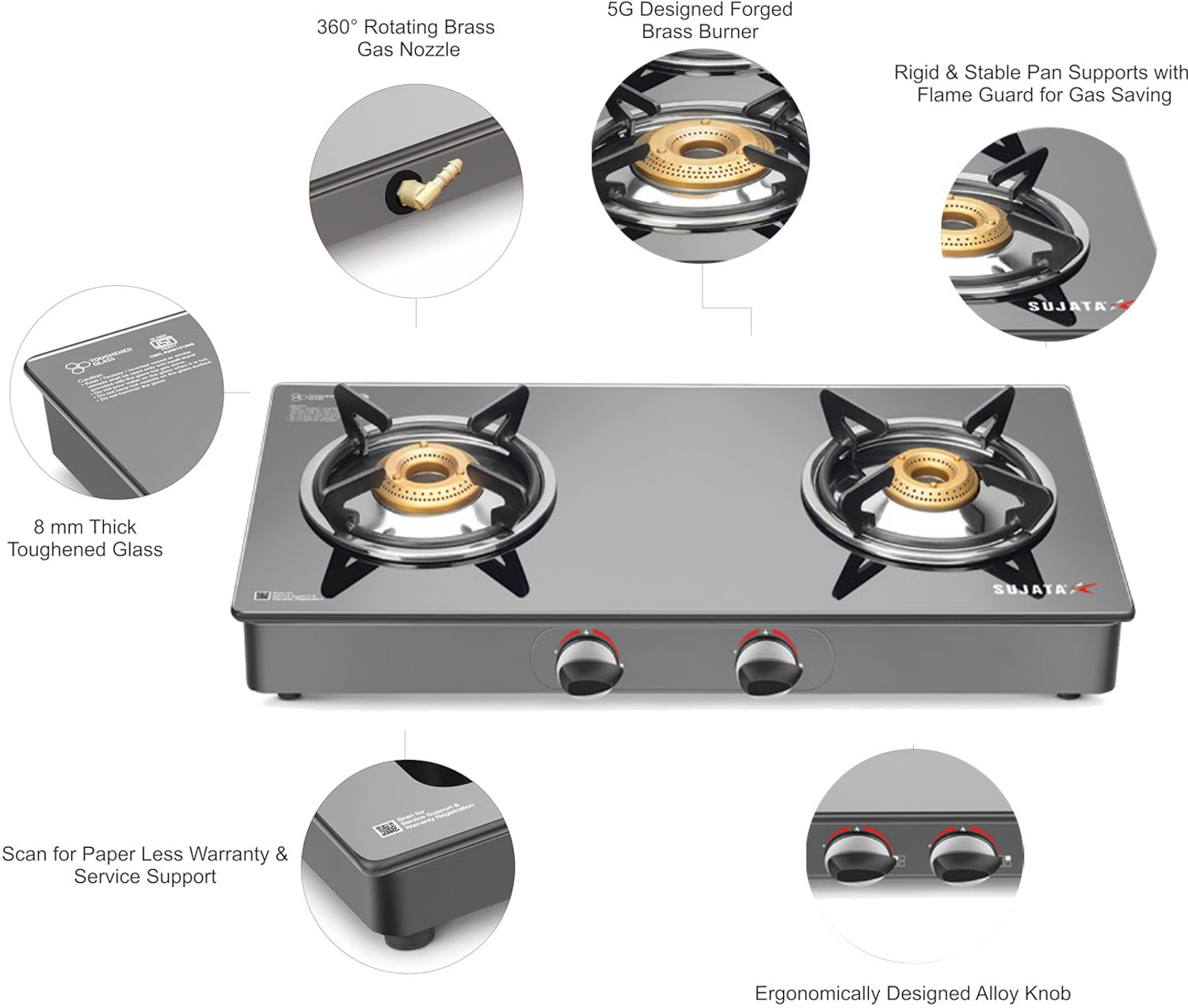 Image of SUJATA 9 Years Warranty| 5G Designed Forged Brass Burner, LPG & PNG Compatible Standard Glass Manual Gas Stove