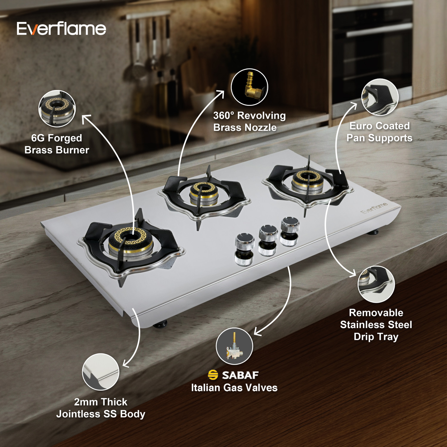 Image of Everflame Marvel 3 Burner Gas Stove | 2mm Heavy Body | 6G Burners | Italian SABAF Valve | Stainless Steel Manual Gas Stove