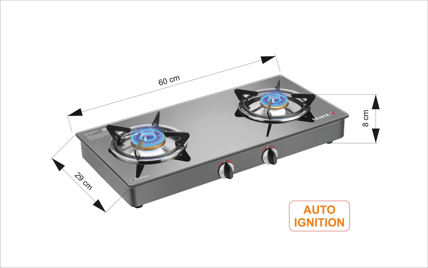 Image of SUJATA Gas Stove 2Burner | Gas Chulha for Kitchen | ISI Certified | Standard Gas Stove| Glass Automatic Gas Stove