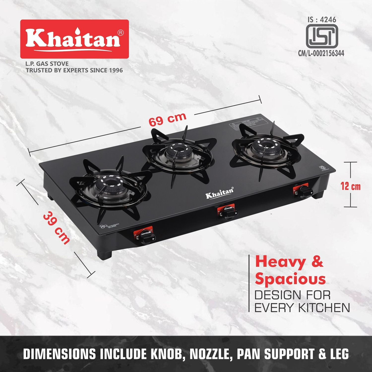 Image of Khaitan 3 Burner Selios Active Black Toughened Glass Manual Gas Stove