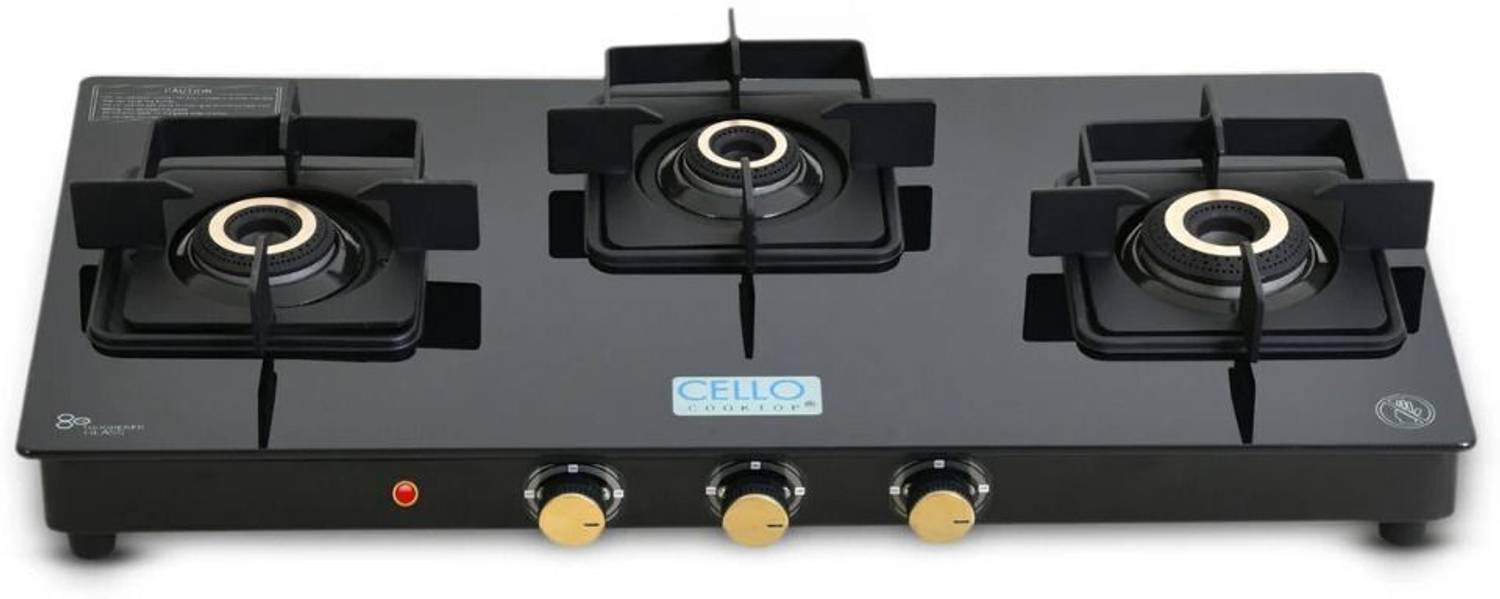 CELLO Black Pearl 3 Burner Toughened Glass Top Gas Stove, Brass Burners, Black Finish Glass Automatic Gas Stove