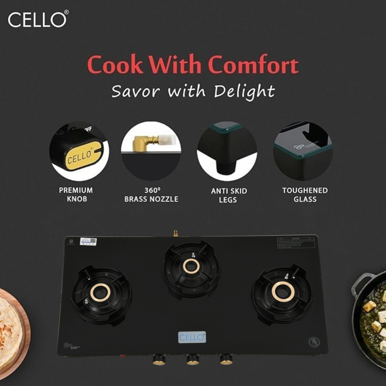 Image of CELLO Granito 3 Burner Black Gas Cooktop, Dual Shade Toughened Glass, ISI Certified Glass Automatic Gas Stove