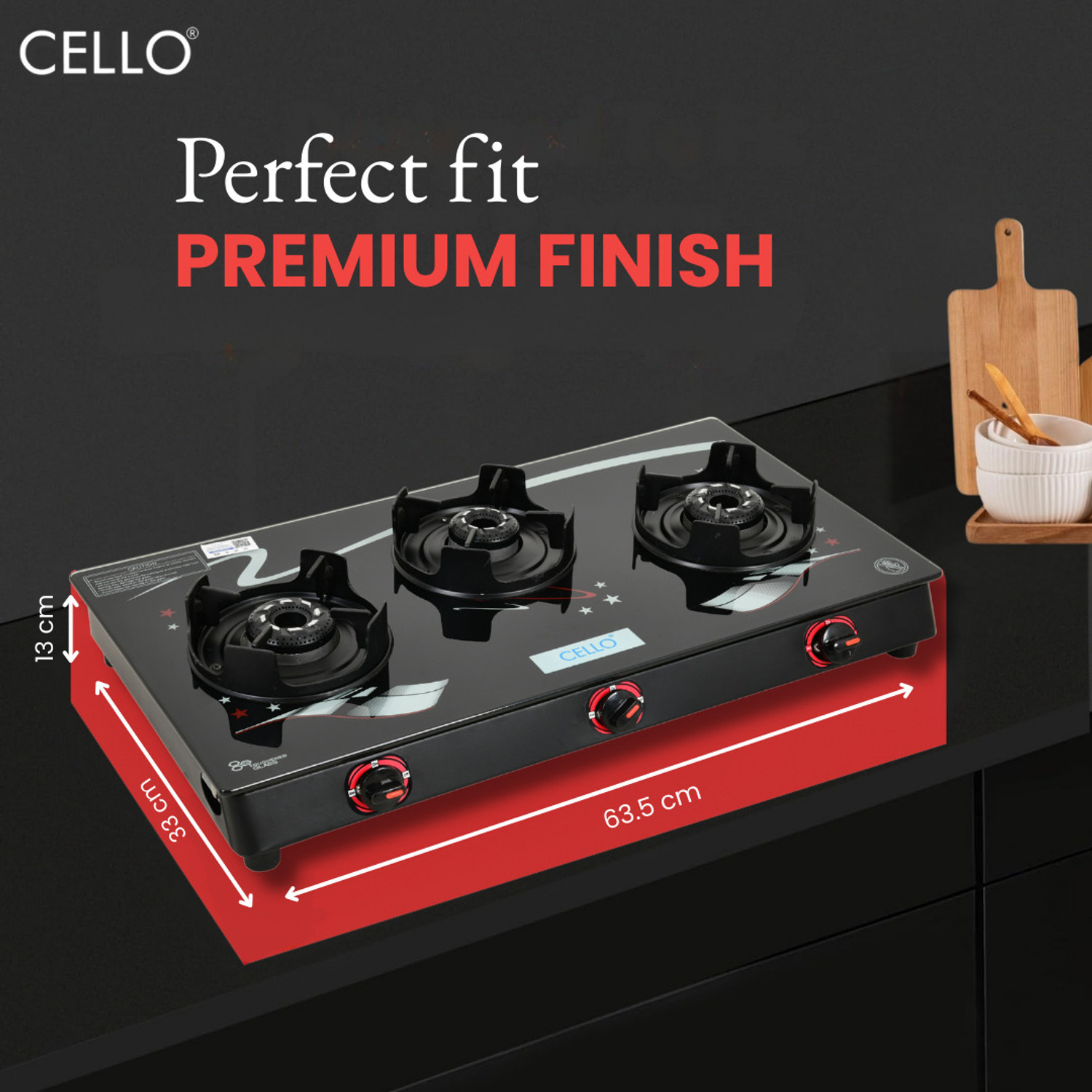 Image of CELLO Star Manual Gas Stove Black Glass Top, Alloy Burners Glass Manual Gas Stove