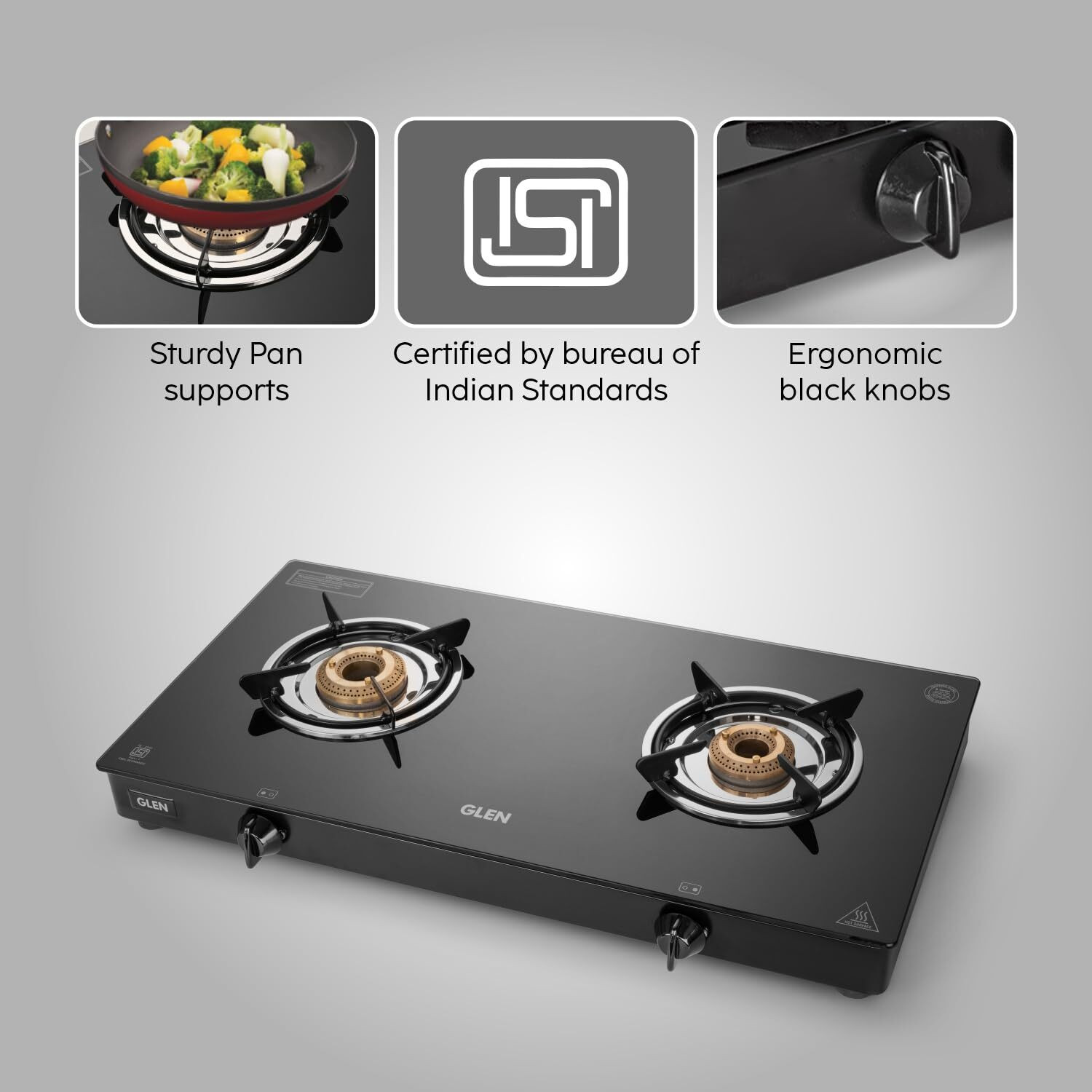 Image of Glen 2 Burner Toughened Glass Top LPG Gas Stove | ISI Certified | Revolving Nozzle Glass Manual Gas Stove