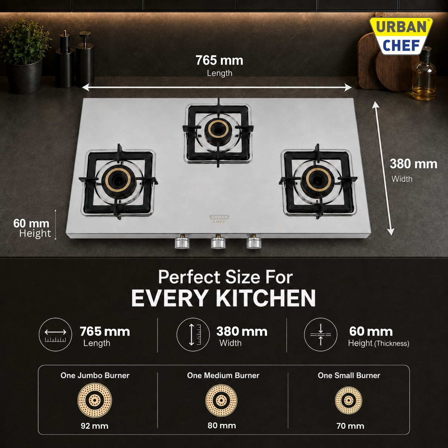 Image of Urban Chef Manual Ignition LPG Gas Stove|Heavy-Duty 1.2mm SS Body | ISI Certified Stainless Steel Manual Gas Stove (3 Burners)