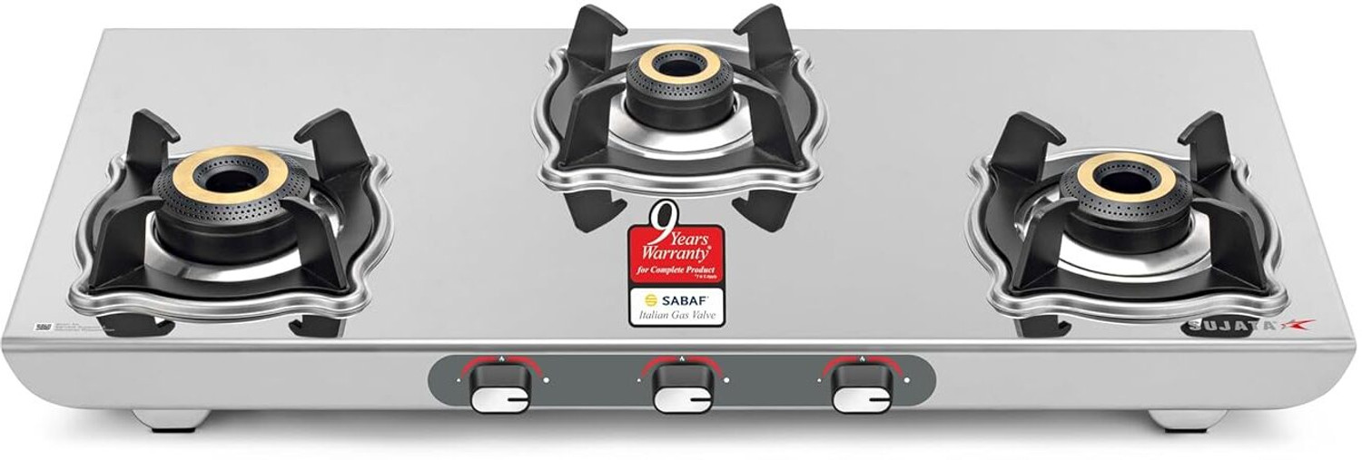 Image of SUJATA Majestic Manual Gas Stove 3 Burner | Gas Chulha for Kitchen | ISI Certified | Stainless Steel Manual Gas Stove