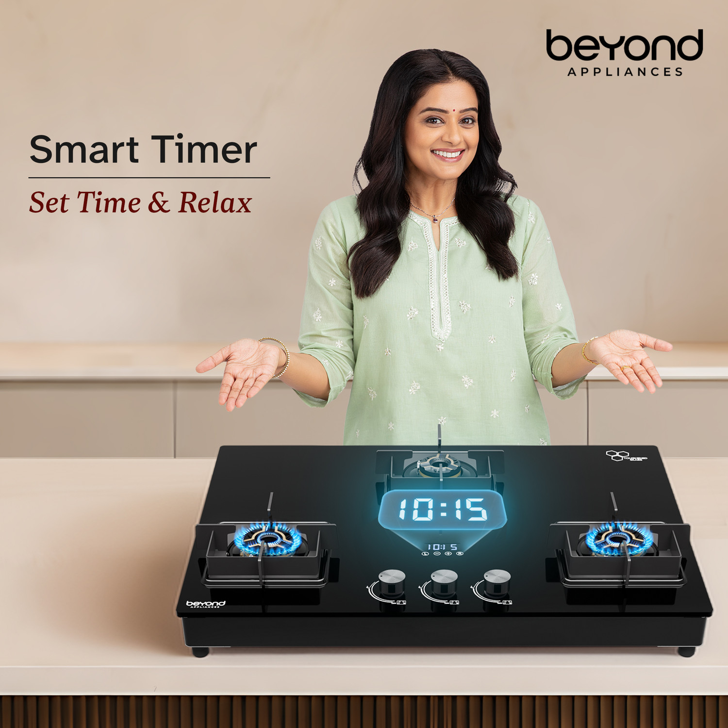 Image of Beyond Appliances Solaria 3 Brass Burners Smart Cooktop, Digital Timer, FFD & Auto Ignition Glass Automatic Hob