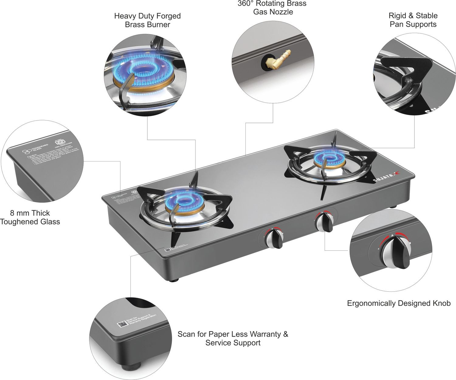 Image of SUJATA Gas Stove 2 Burner |Gas Chulha for Kitchen | ISI Certified |LPG & PNG Compatible Glass Manual Gas Stove