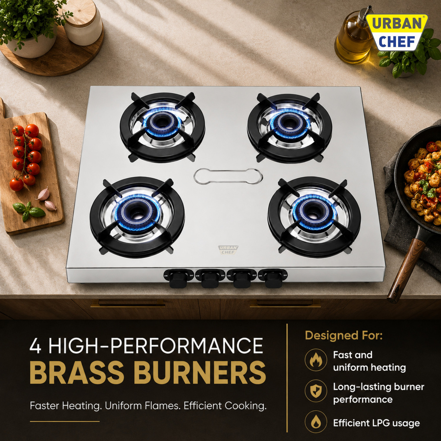 Image of Urban Chef Manual Ignition LPG Gas Stove|Heavy-Duty 1.2mm SS Body | ISI Certified Stainless Steel Manual Gas Stove
