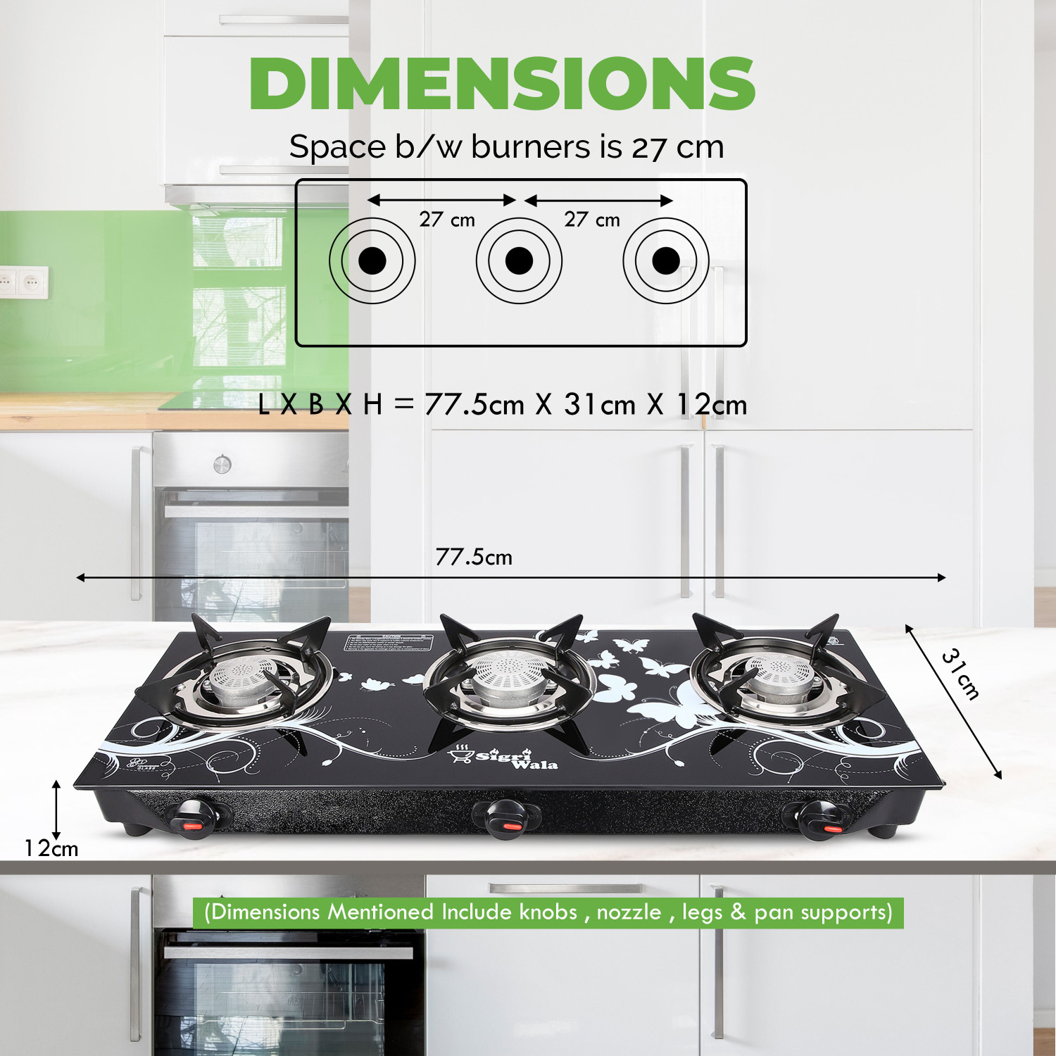 Image of Sigri-wala Cute BLKD 3B Combo with Trolley(2 piece) Glass Manual Gas Stove (3 Burners)