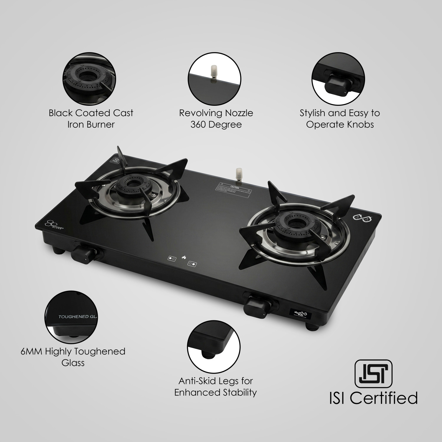 Image of Sigri-wala Ebony Plain Sleek Glass Manual Gas Stove