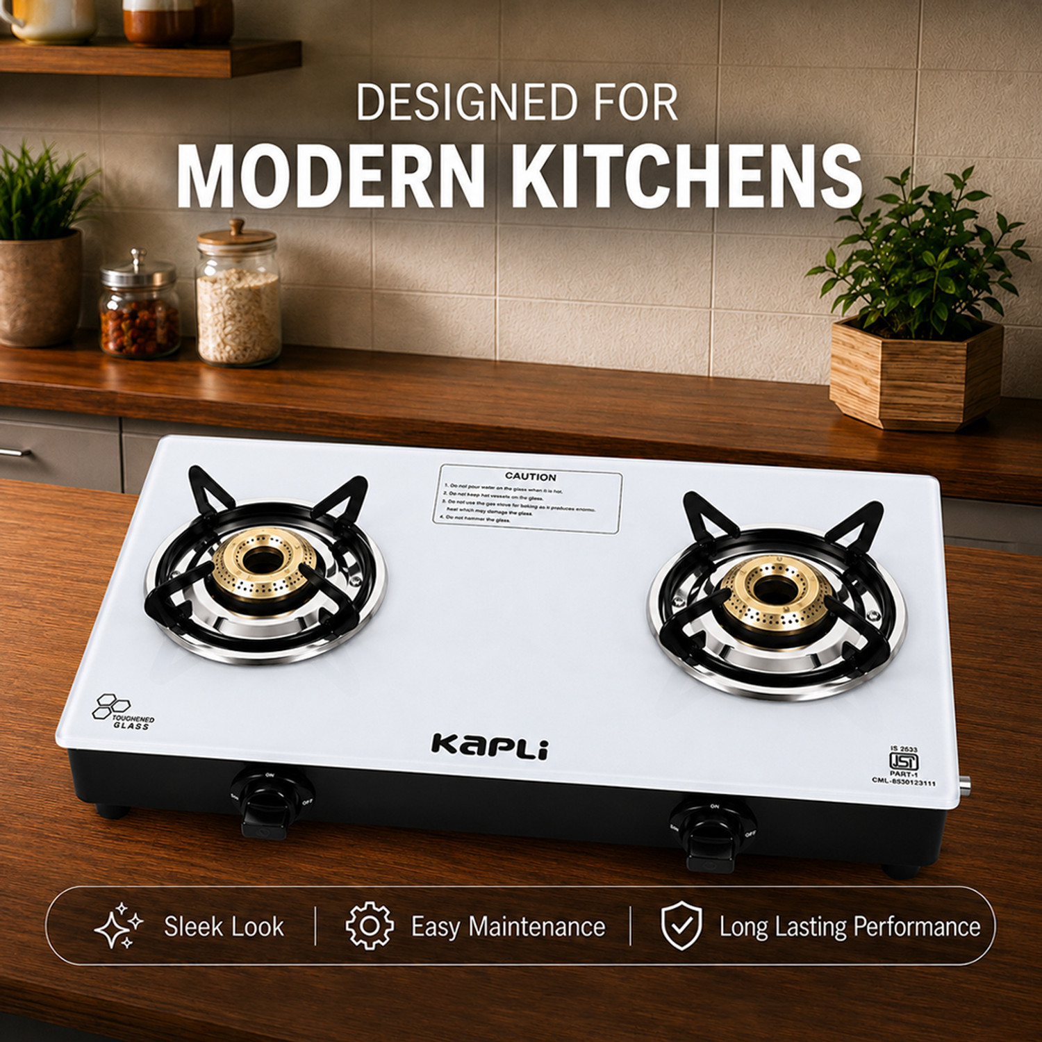 Image of KAPLI Toughened Glass Gas Stove Cooktop Manual| High Efficiency Cast Iron For LPG Glass Manual Gas Stove