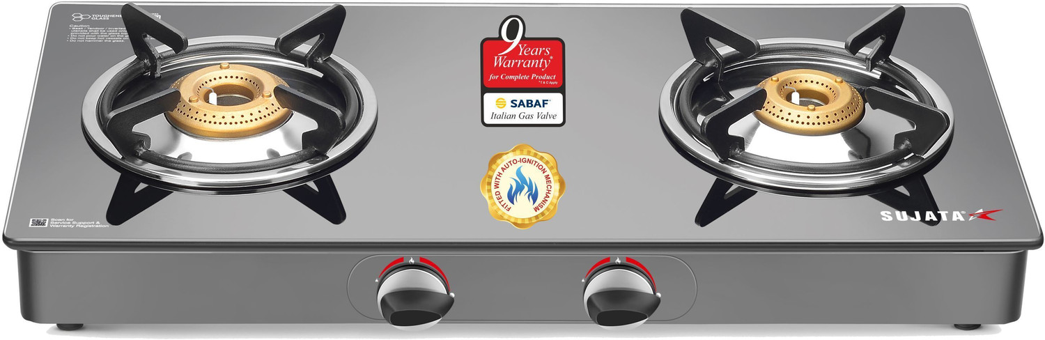 Image of SUJATA Gas Stove 2Burner | Gas Chulha for Kitchen | ISI Certified | Standard Gas Stove| Glass Automatic Gas Stove