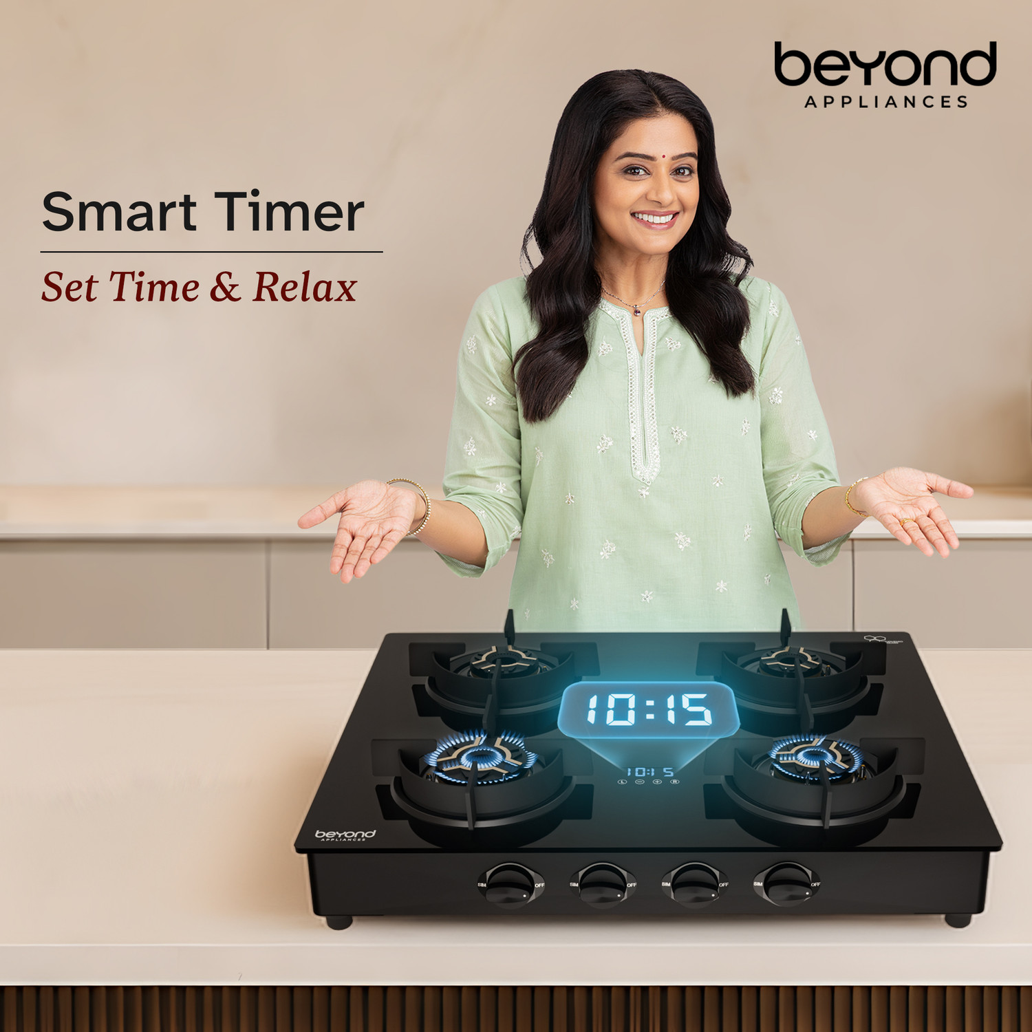 Image of Beyond Appliances Auriga 4B Pro Brass Smart Cooktop, Digital Timer, FFD & Auto Ignition Burners Glass Automatic Hob