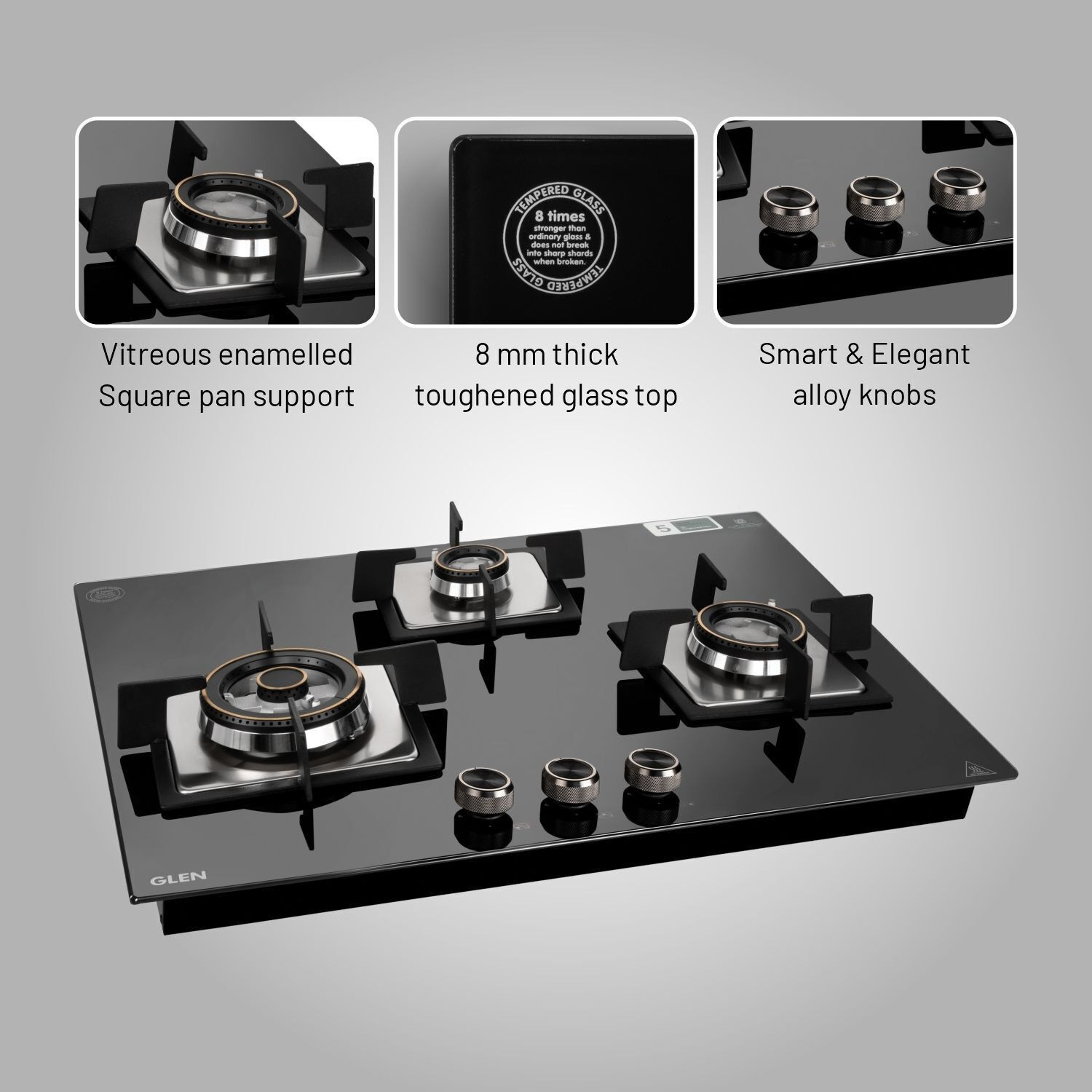 Image of Glen Glass Built in Hob 77 cm | 1 Triple Ring | Double Ring Forged Brass Burner | Glass Automatic Hob