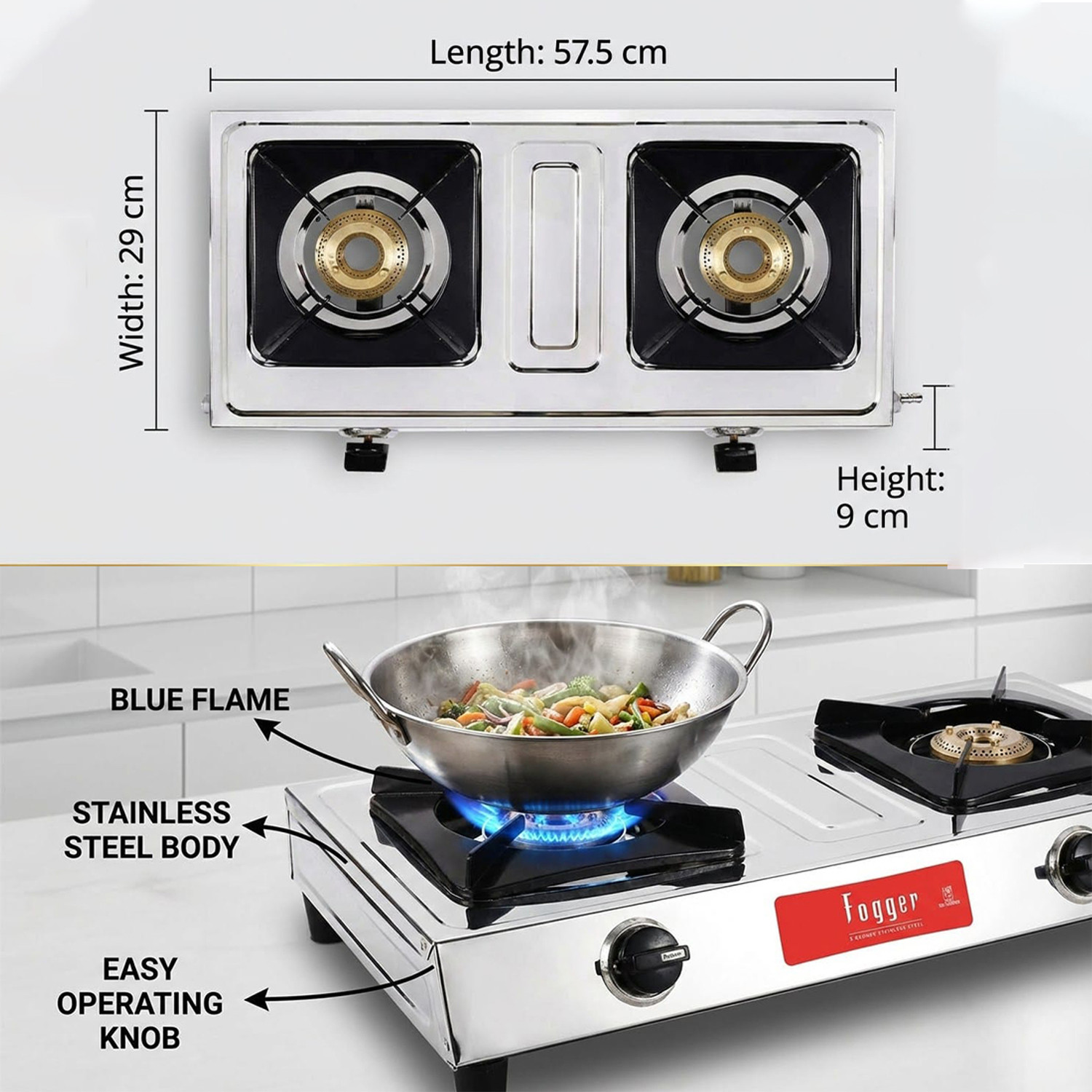 Image of Fogger Two Burner LPG Chulha With CI Burners Stainless Steel Manual Gas Stove
