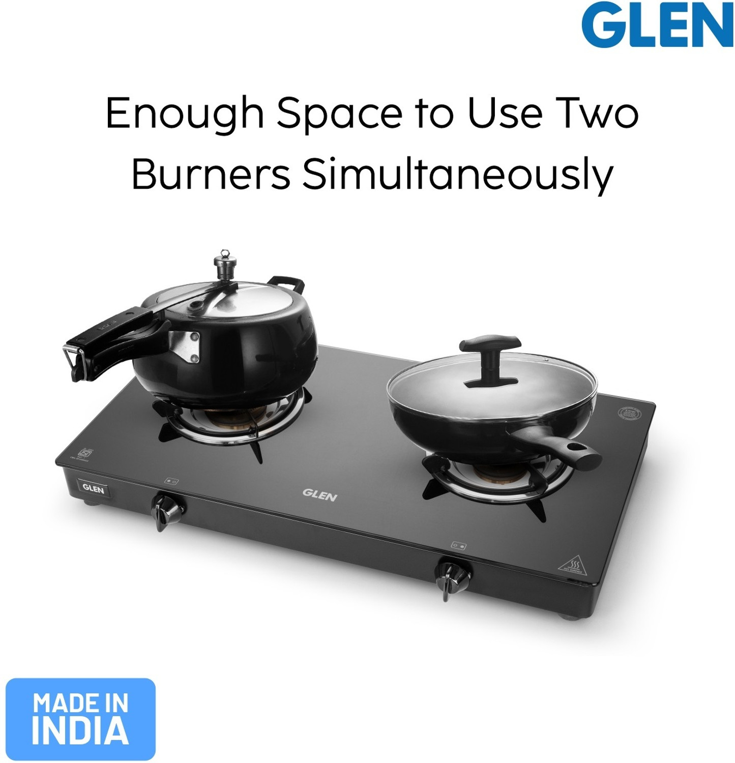 Image of Glen 2 Burner Toughened Glass Top | Fuel Efficient Brass Burners | ISI Certified Glass Manual Gas Stove