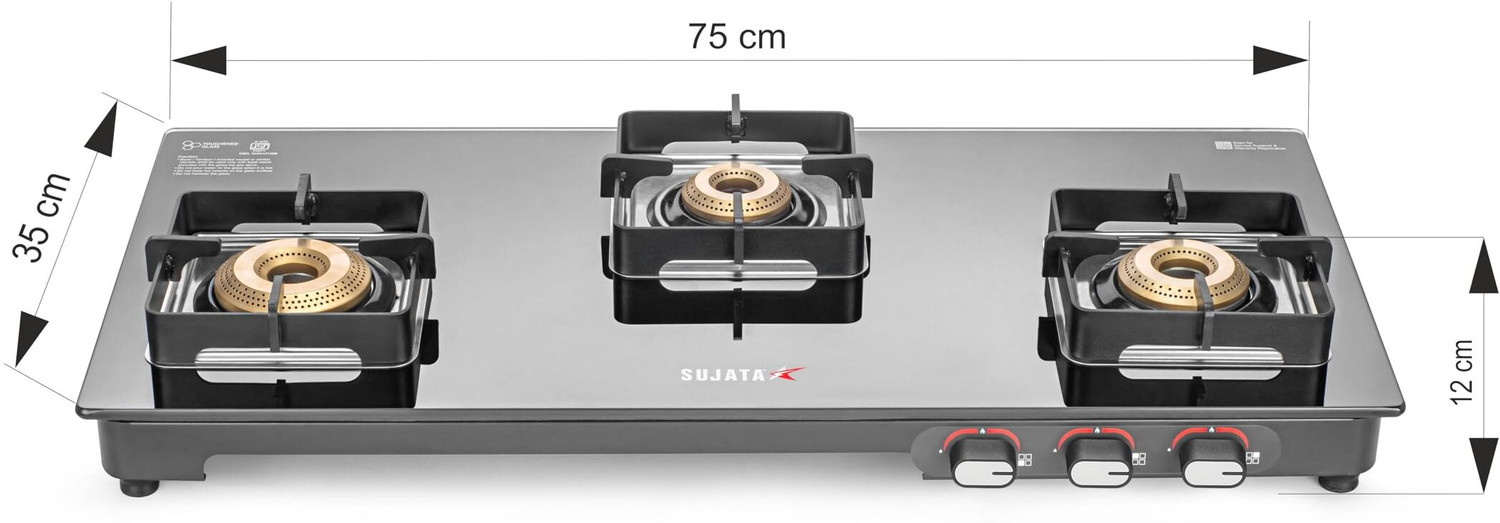 Image of SUJATA Gas Stove 3 Burner | Gas Chulha for Kitchen | ISI Certified | ( 3B Regal M ) Glass, Iron Manual Gas Stove