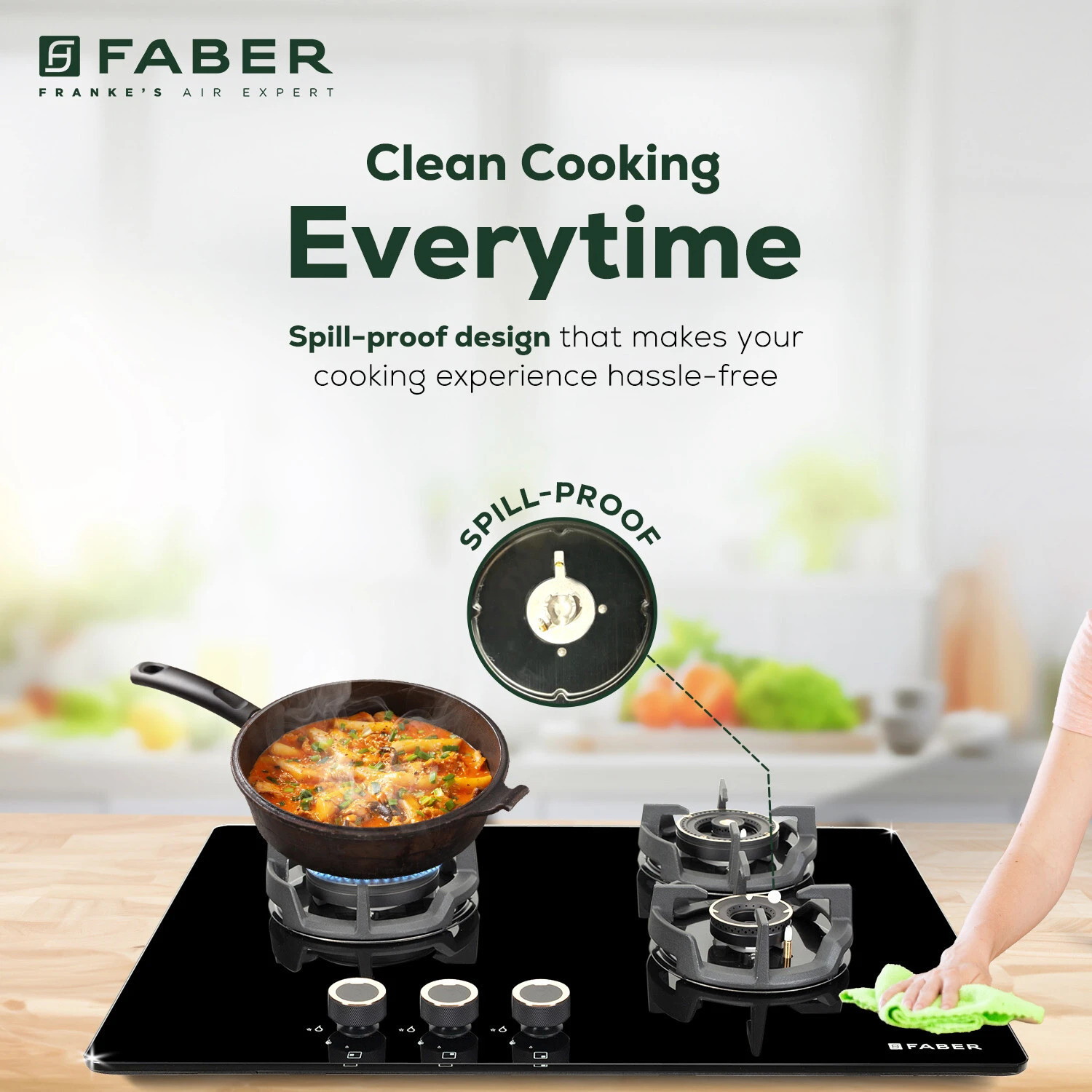 Image of FABER EXPERIA HT703 ALU AI |Brass Burners|Cast Iron Pan Support|Metal Knobs| Glass Automatic Hob