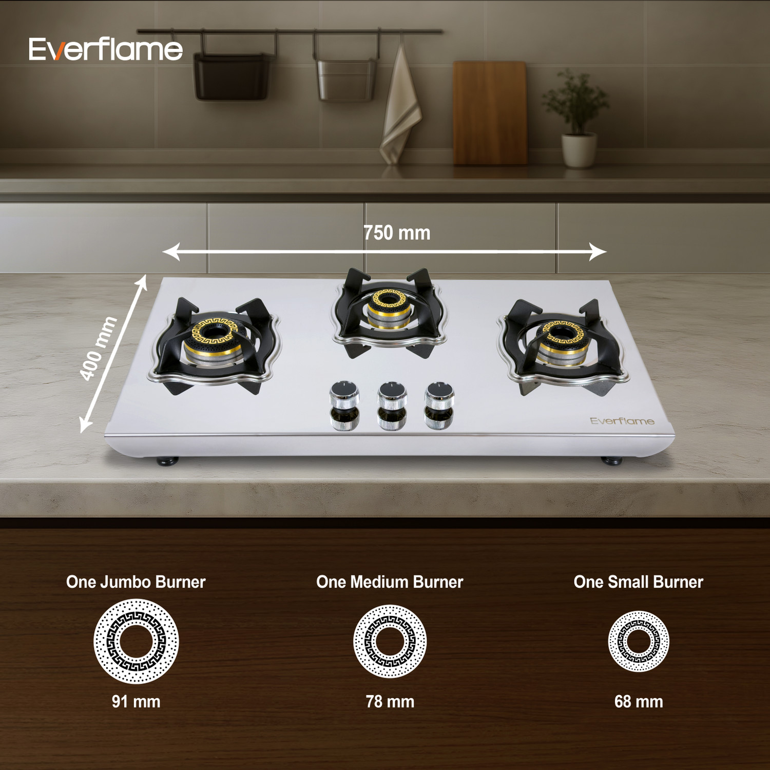 Image of Everflame Marvel 3 Burner Gas Stove | 2mm Heavy Body | 6G Burners | Italian SABAF Valve | Stainless Steel Manual Gas Stove