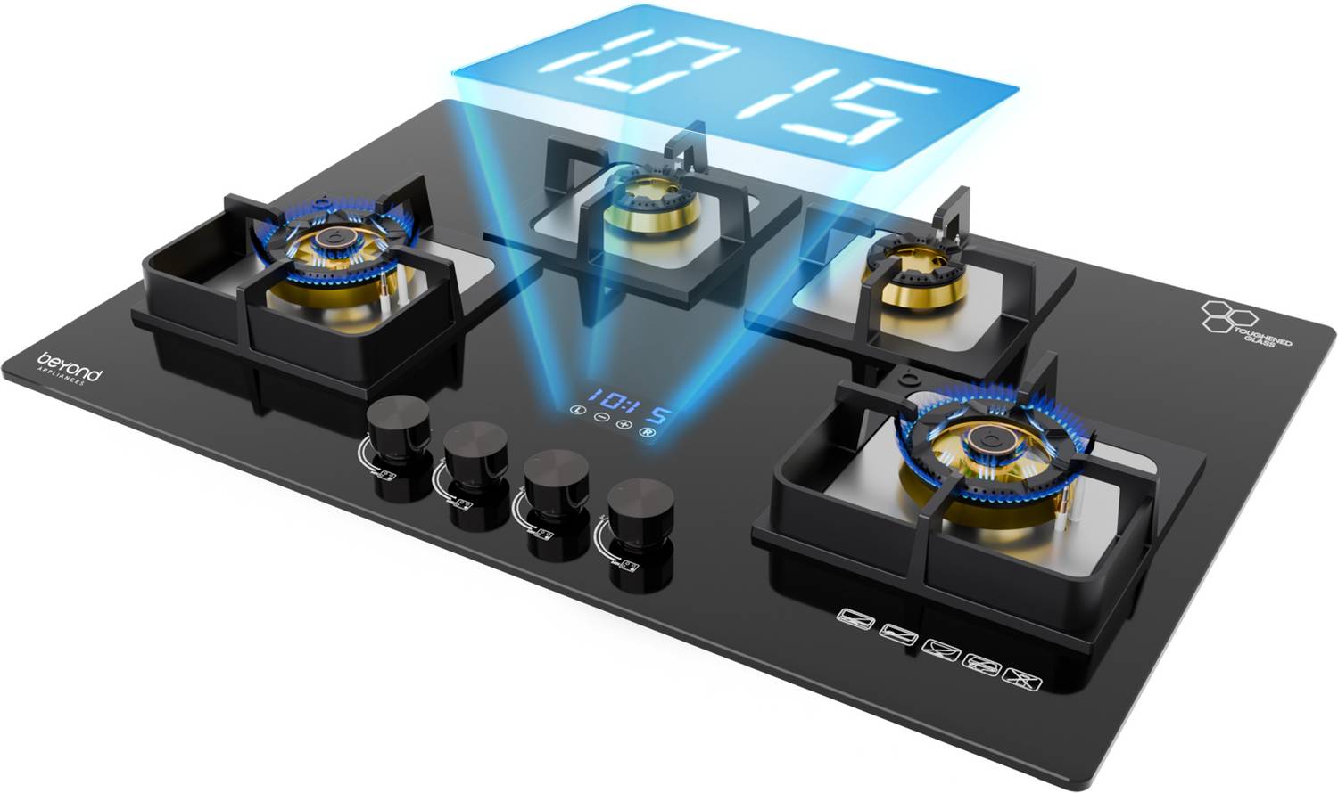Beyond Appliances Dorado 4 Brass Smart Hobtop, Digital Timer, FFD & Auto Ignition Burners Glass Automatic Hob