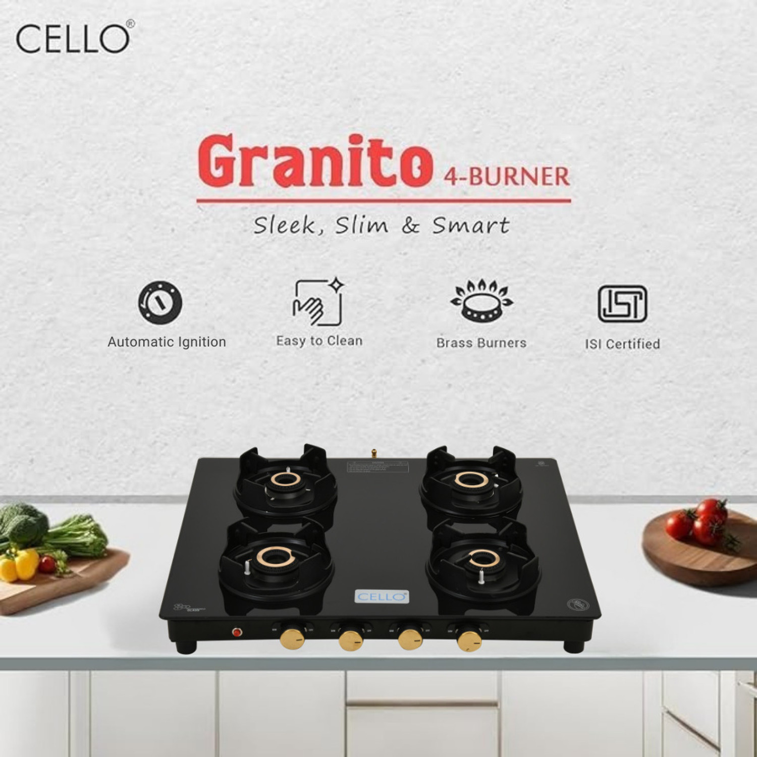 Image of CELLO Granito 4 Burner Black Gas Cooktop, ISI Certified Glass Automatic Gas Stove