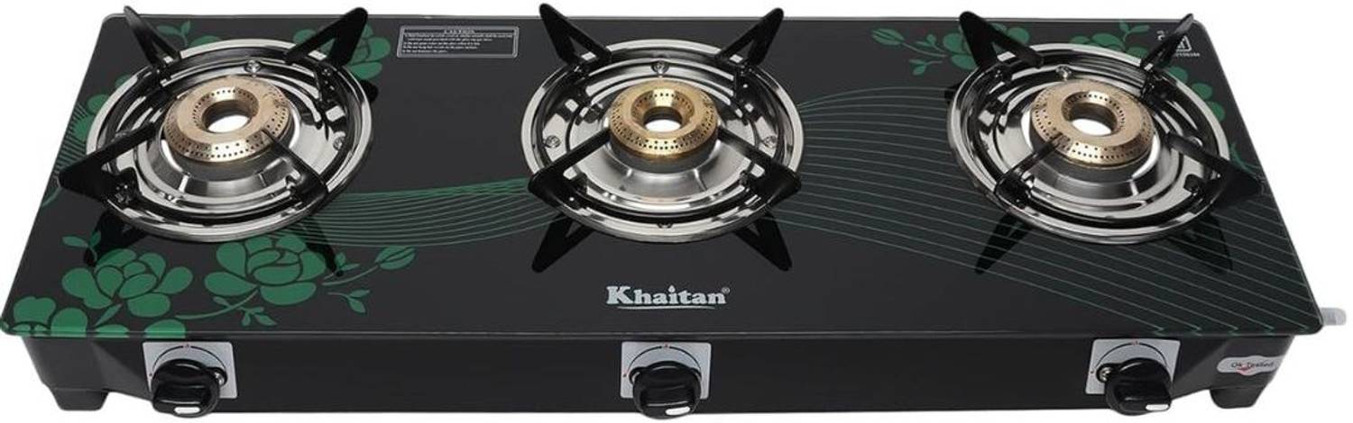 Khaitan 3 Burner BP-GIO MS Green Digital Toughend Glass Manual Gas Stove