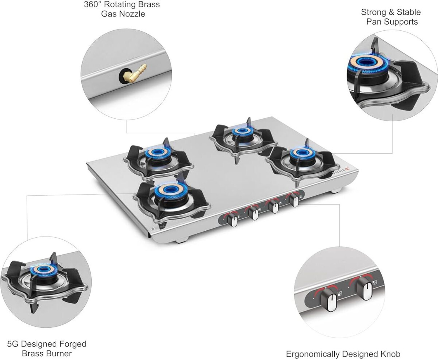 Image of SUJATA Majestic Manual Gas Stove 4 Burner | Gas Chulha for Kitchen | ISI Certified | Stainless Steel Manual Gas Stove