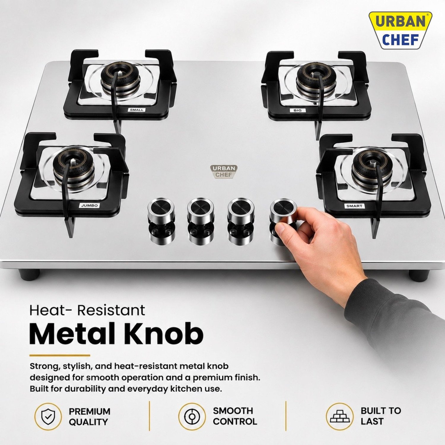 Image of Urban Chef Gas Stove 4 Burner | Gas Chulha for Kitchen | ISI Certified | Imperia Gas Stove| Stainless Steel Manual Hob