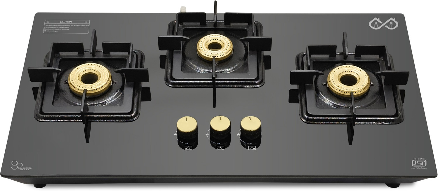 Image of Sigri-wala Ebony Diamond 3 Burner Hob Top Glass Manual Hob