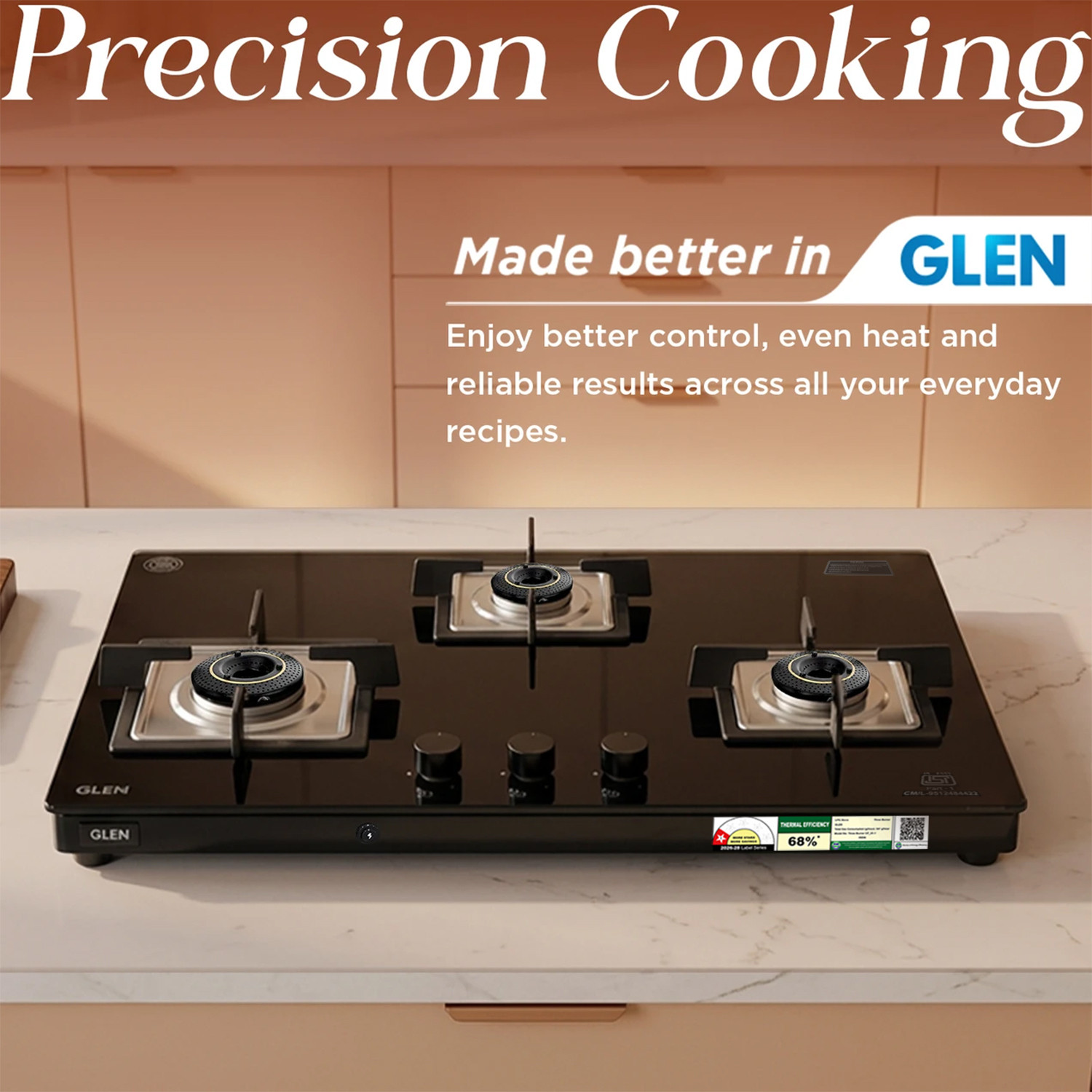 Image of Glen 3 Burner Ultra Slim LPG Gas Stove with High Efficiency Forged Brass Burners Glass Automatic Gas Stove