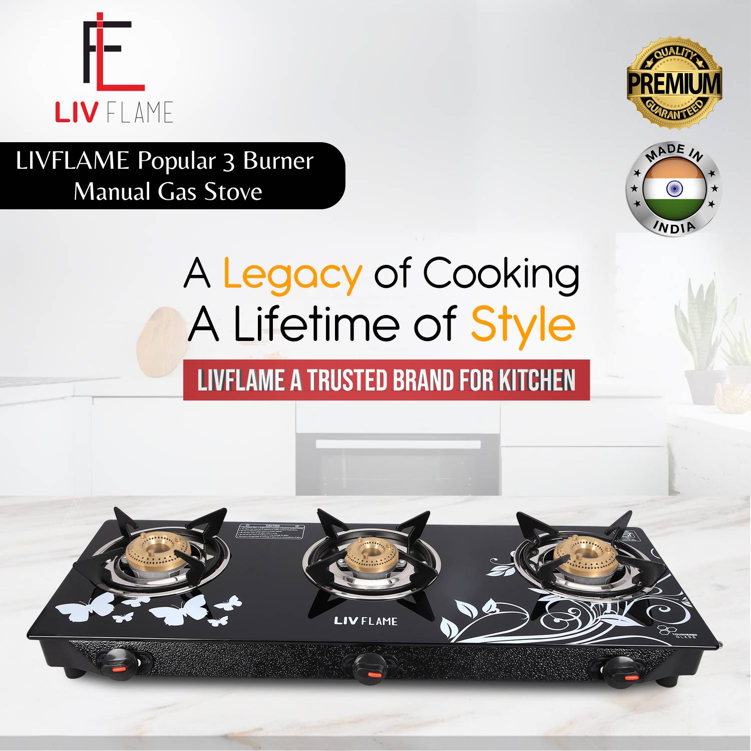 LIVFLAME Popular Cute Blkd Toughened Glass Gas stove(Manual,Black) Glass Manual Gas Stove