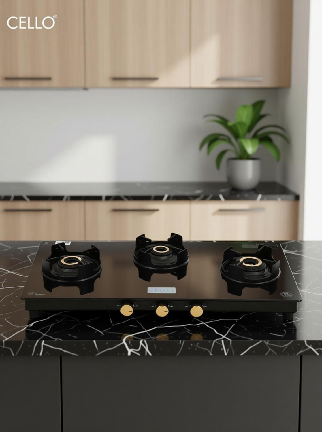 Image of CELLO Granito 3 Burner Black Gas Cooktop, Dual Shade Toughened Glass, ISI Certified Glass Manual Gas Stove