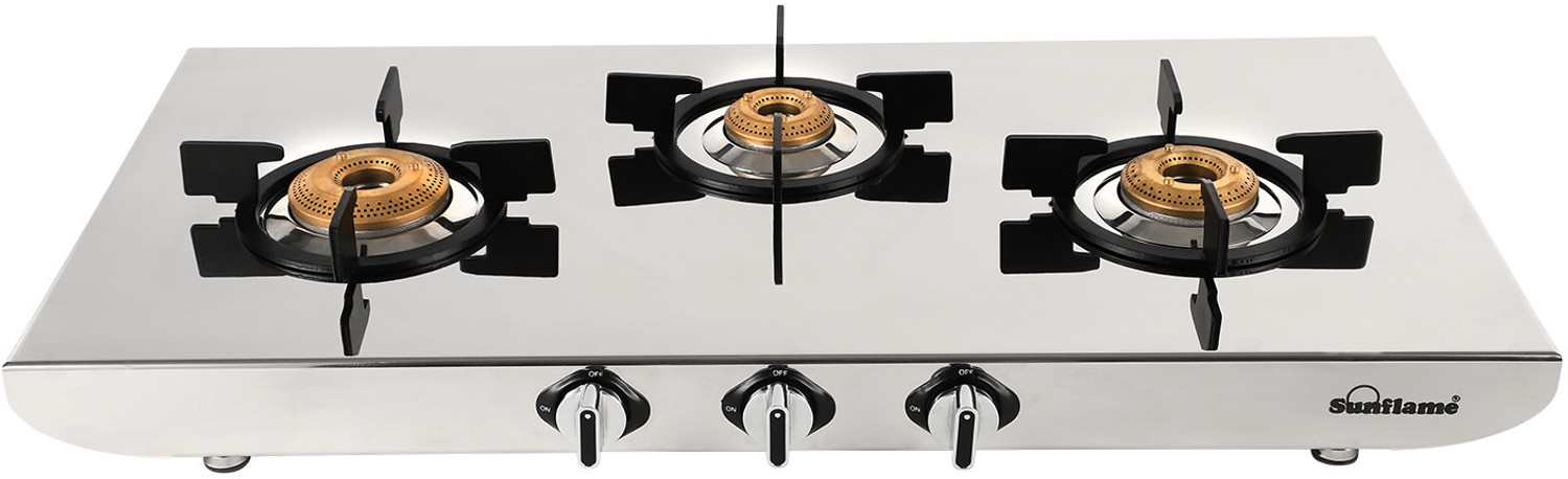 Image of Sunflame 3 Burner Gas Stove with 2 MM Mirror Finish Design, Forged Brass Burners Stainless Steel Manual Gas Stove