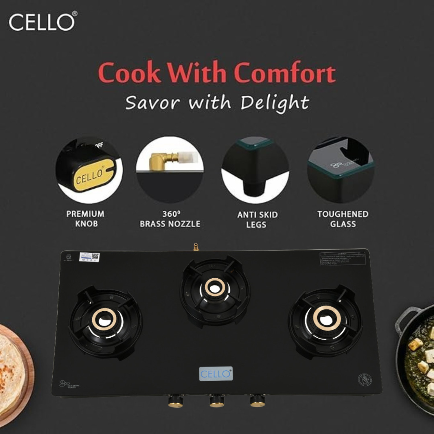 Image of CELLO Granito 3 Burner Black Gas Cooktop, Dual Shade Toughened Glass, ISI Certified Glass Manual Gas Stove