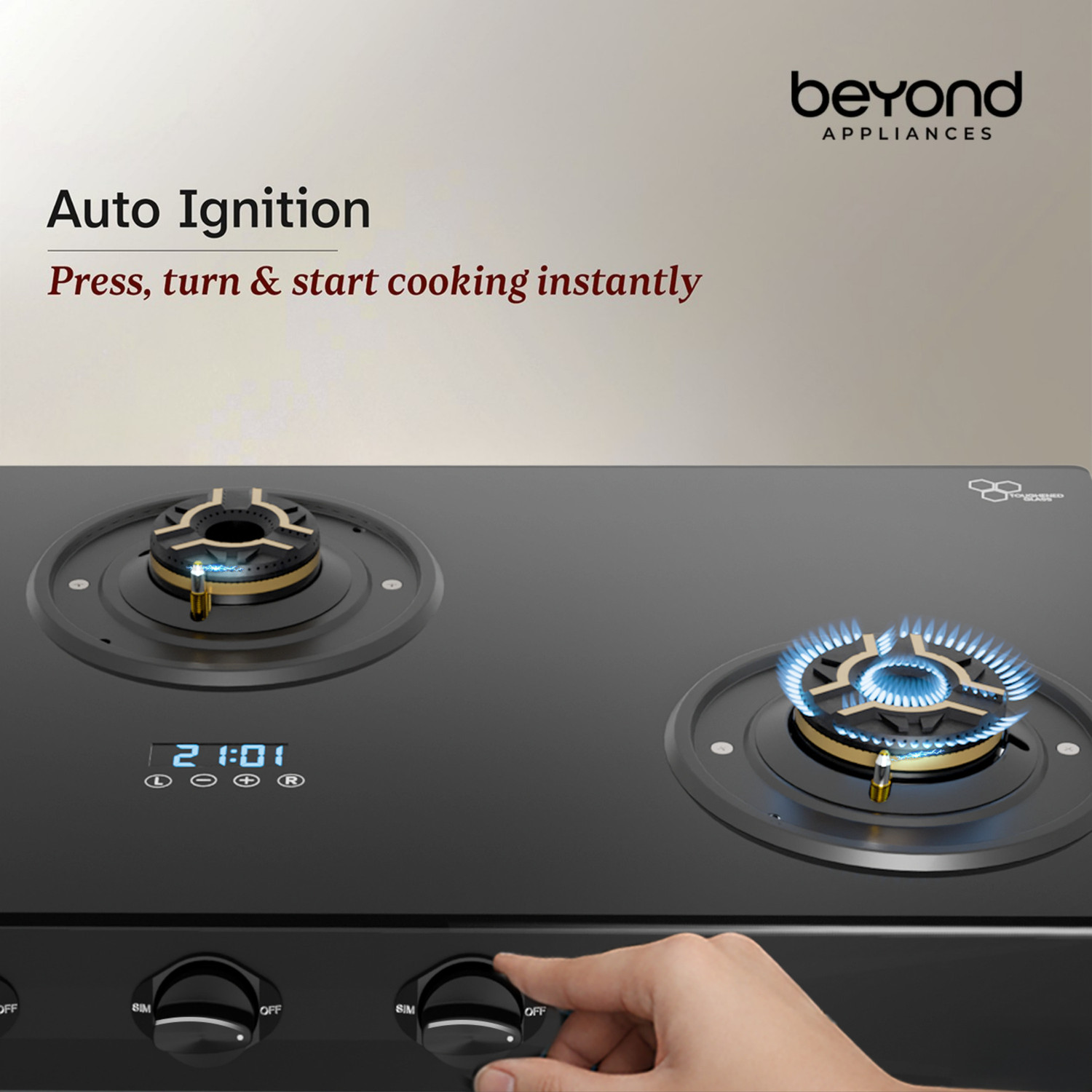 Image of Beyond Appliances Auriga 3B Pro Brass Smart Cooktop, Digital Timer, FFD & Auto Ignition Burners Glass Automatic Hob
