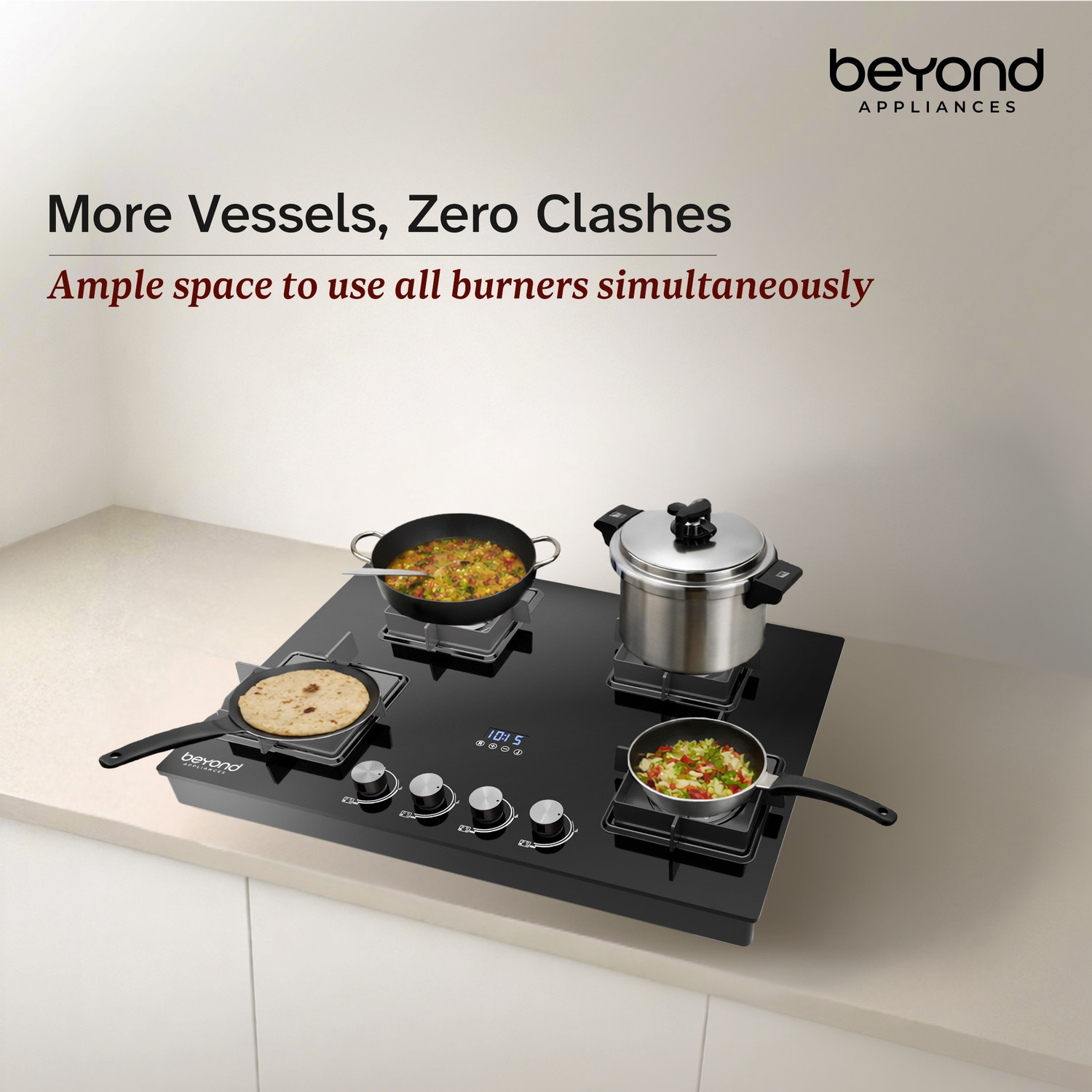 Image of Beyond Appliances Solaria 4 Brass Burners Smart Cooktop, Digital Timer, FFD & Auto Ignition Glass Automatic Hob