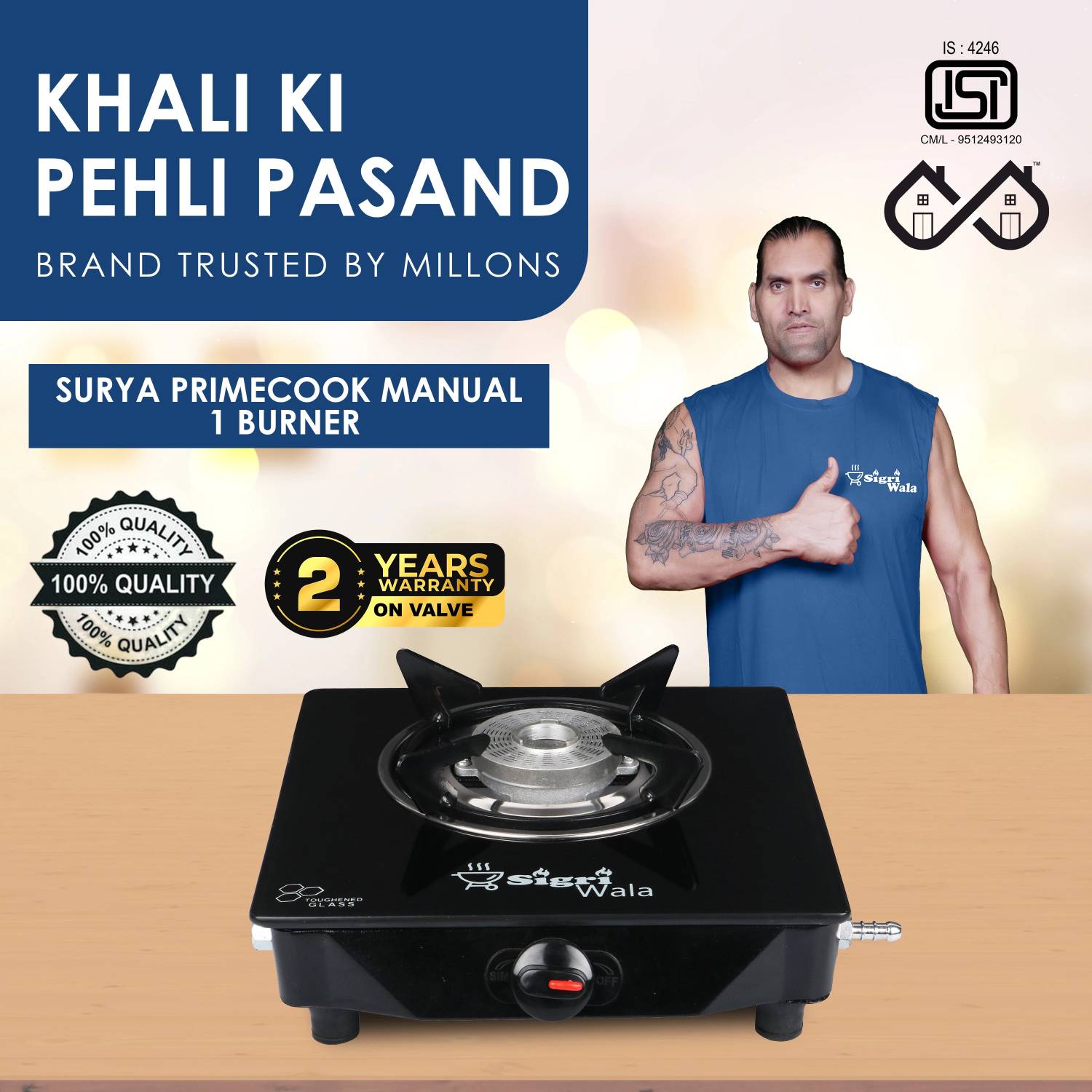 Sigri-wala Primecook Manual Cute Plain Toughened Glass Gas Stove