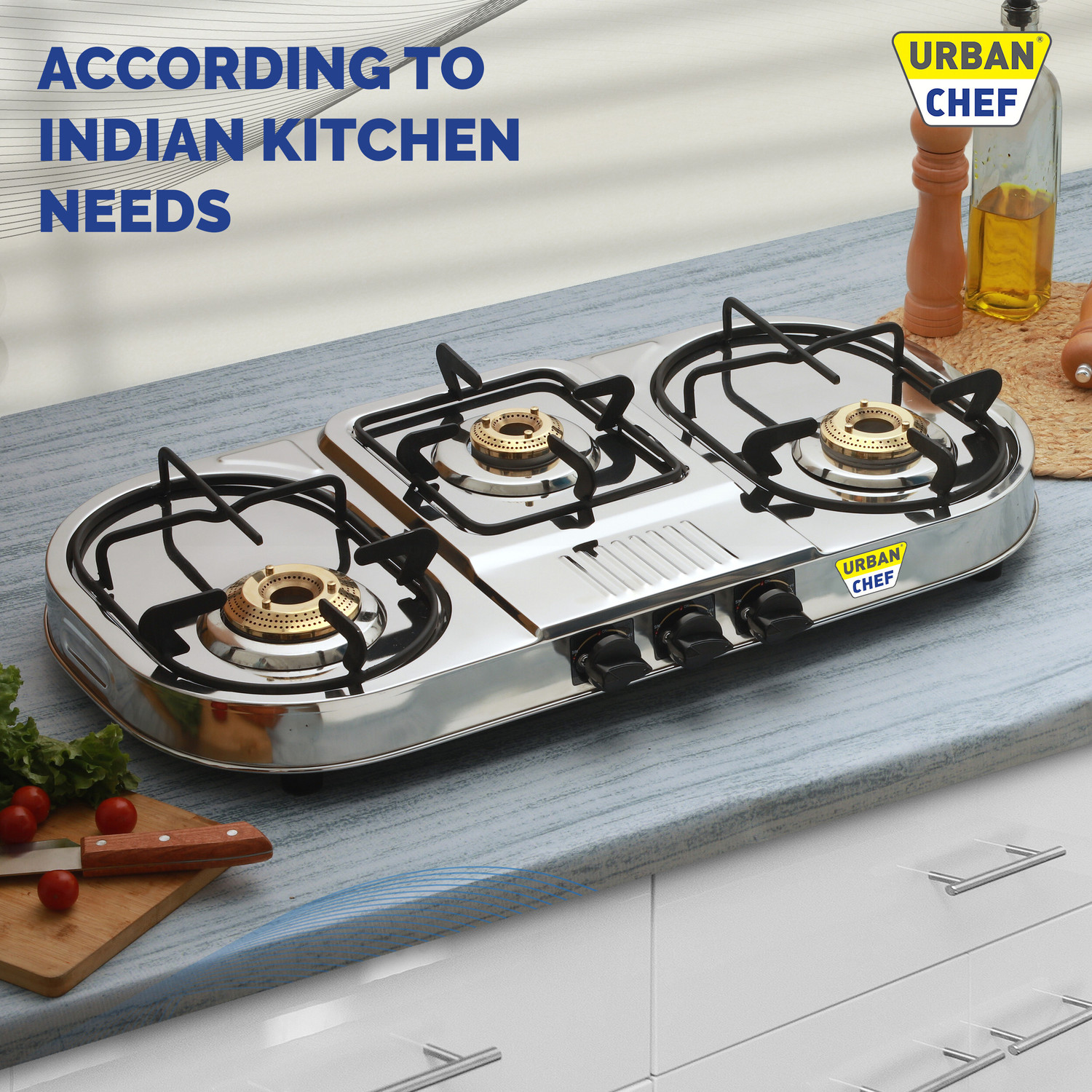 Image of Urban Chef ISI certified Double Decker Blitz Stainless Steel Manual Gas Stove (3 Burners)