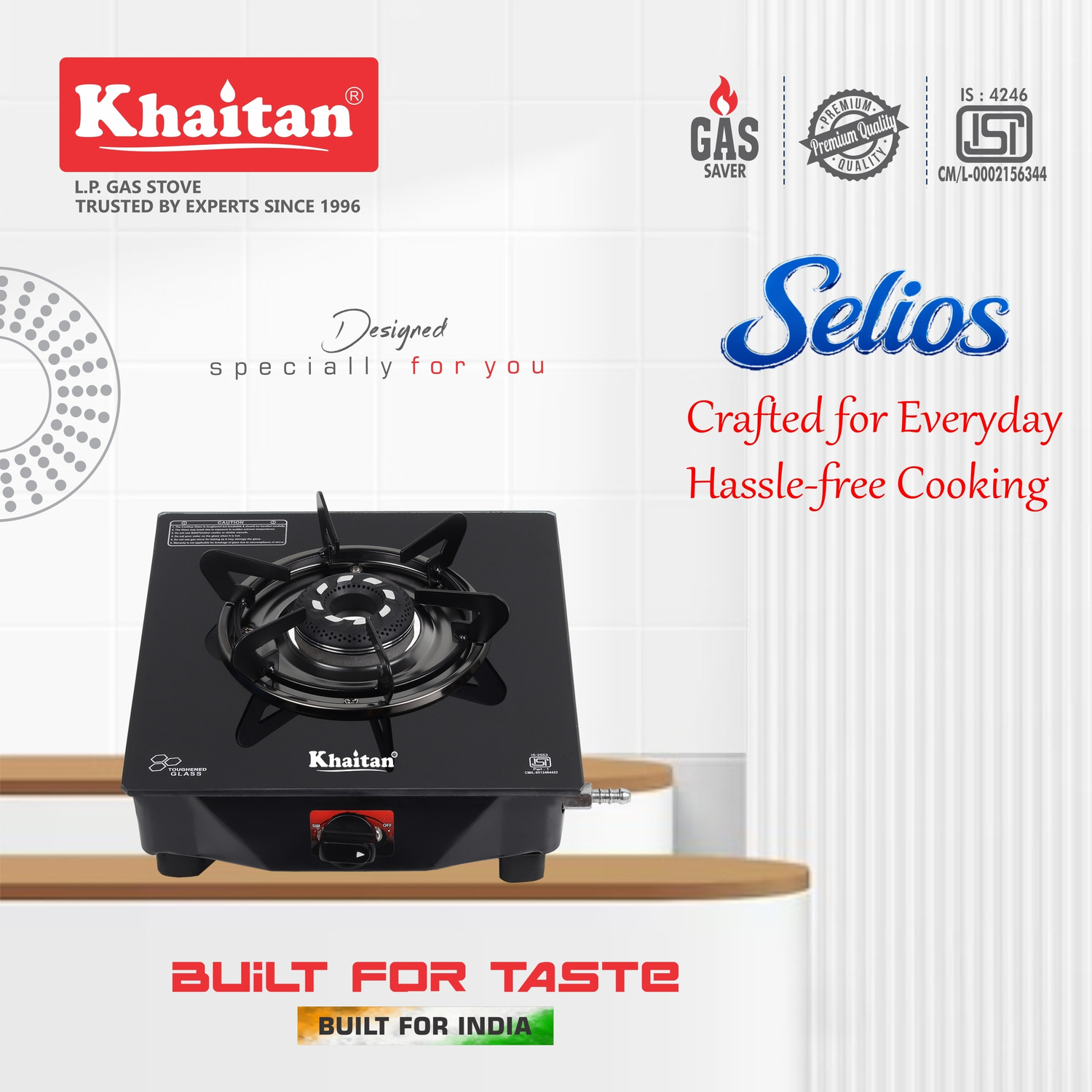 Image of Khaitan Selios 1 Burner Black Toughened Glass Manual Gas Stove