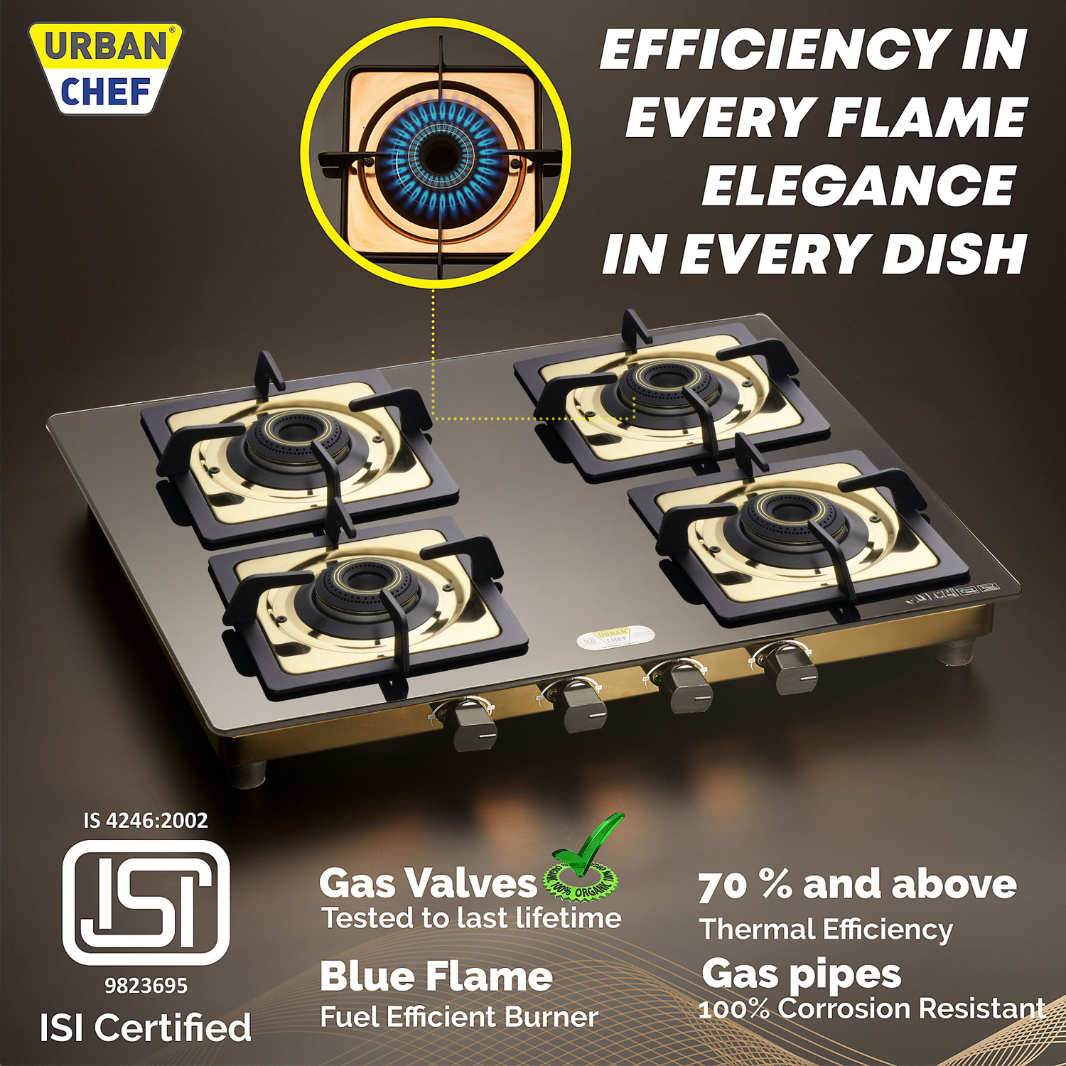 Image of Urban Chef Gas Stove 4 Burner | Gas Chulha for Kitchen | ISI Certified | Gold | Stainless Steel Manual Gas Stove