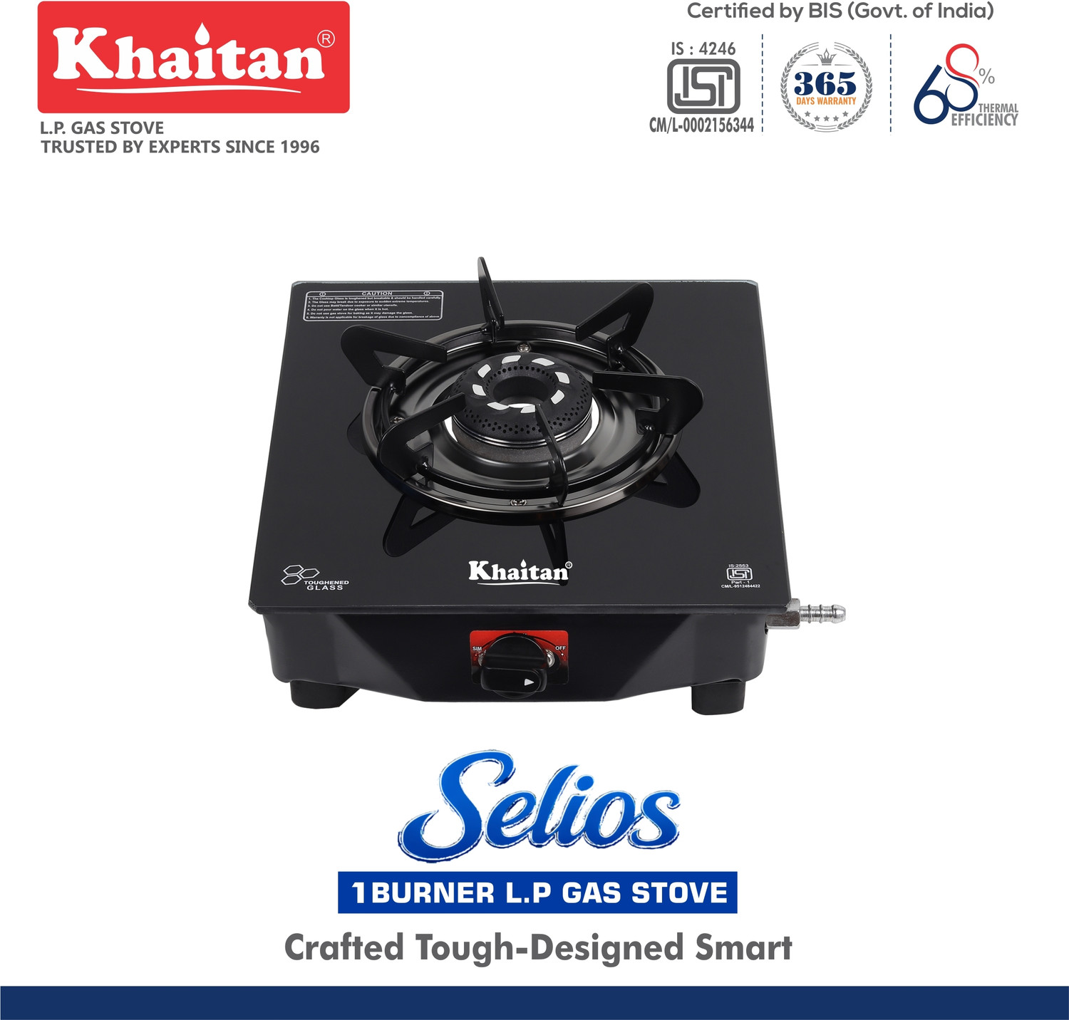 Image of Khaitan Selios 1 Burner Black Toughened Glass Manual Gas Stove