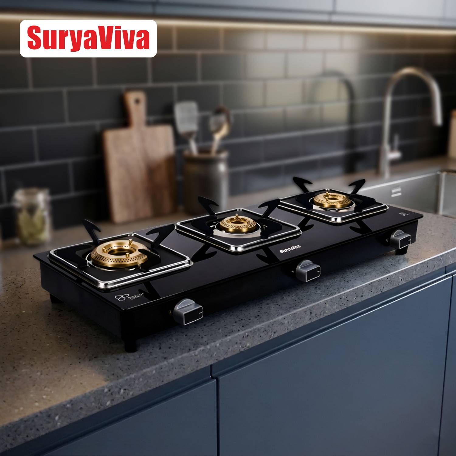 SURYAVIVA Pioneer 3B BK Toughened Glass 3 Cast Iron Burner Gas