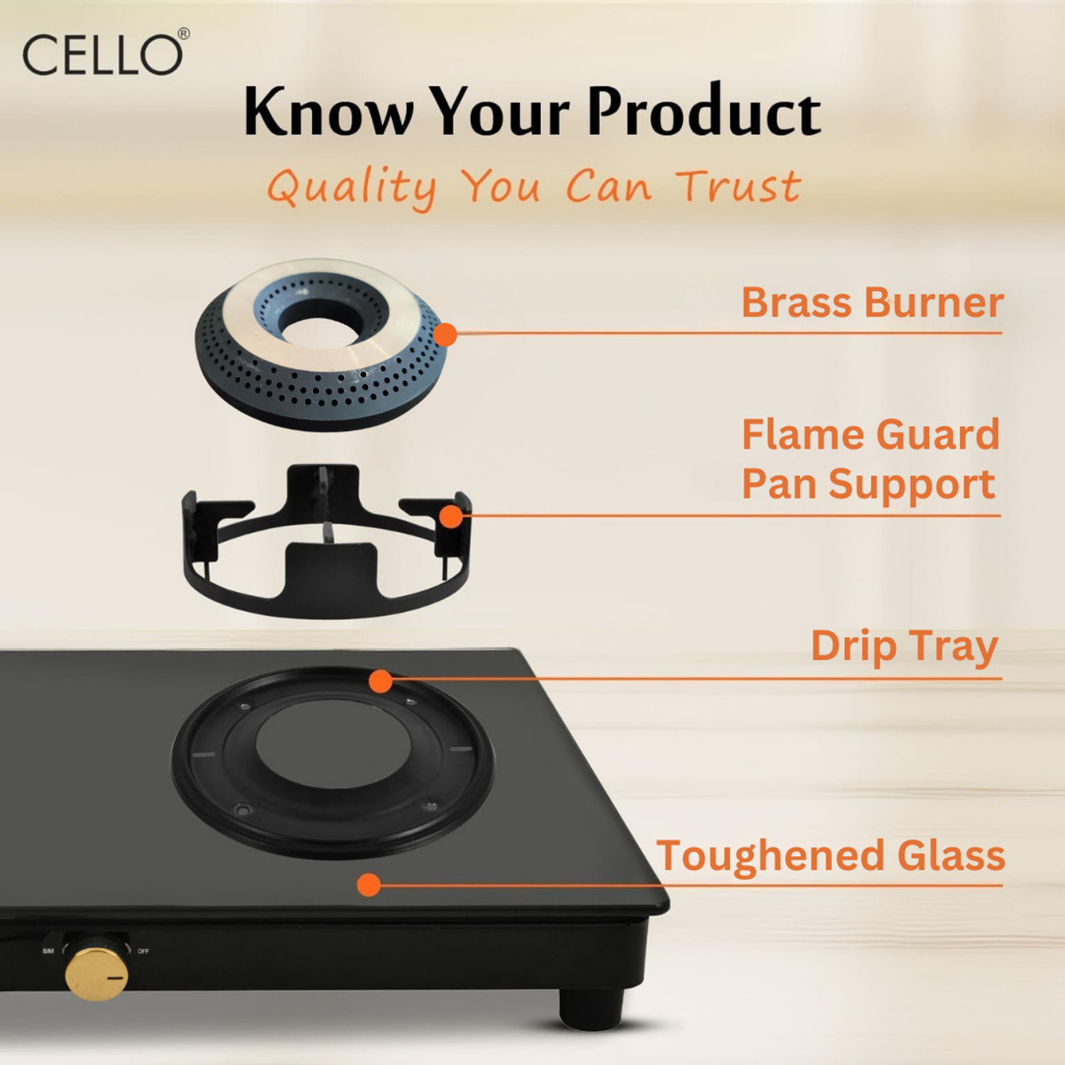Image of CELLO Granito 2 Burner Black Gas Cooktop, Dual Shade Toughened Glass, ISI Certified Glass Manual Gas Stove