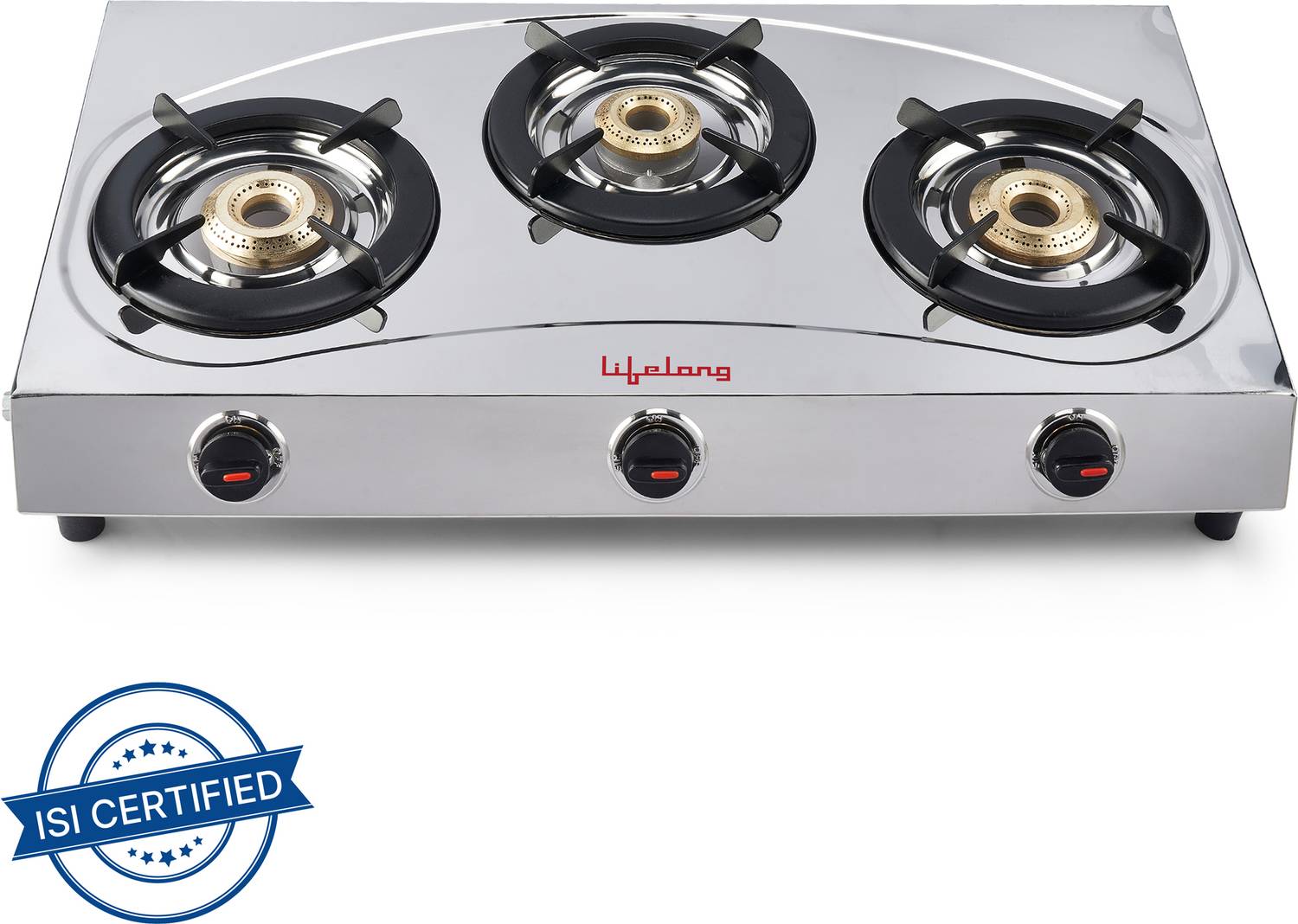 Lifelong 3- Burner SS-Gas Stove, Brass Burners. (J,M,S)
